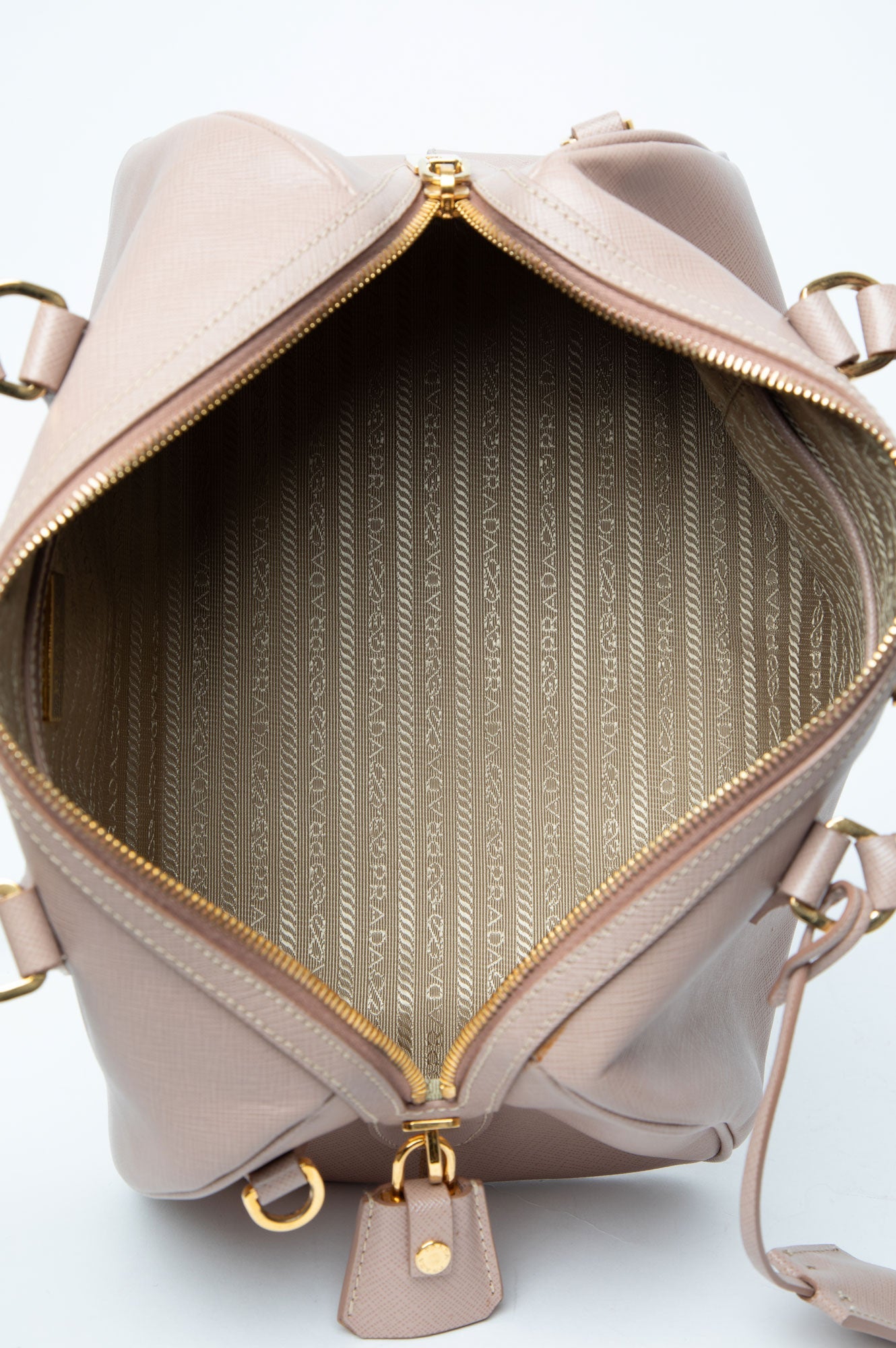 Prada Taupe Saffiano Bowler Bag With Strap