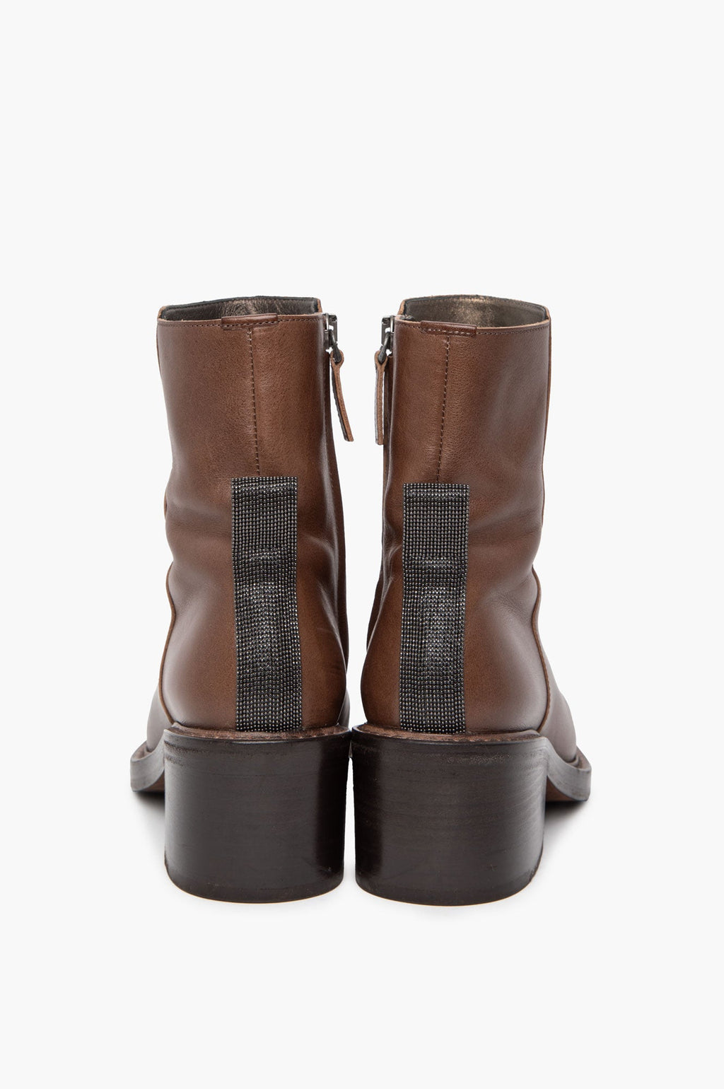 Brunello Cucinelli Brown Leather Monili Tab Ankle Boots Size 36