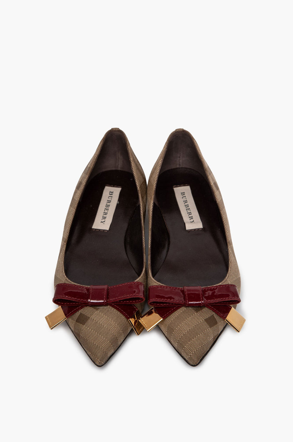 Burberry Patent Bow Point-Toe Check Jacquard Ballet Flats Size 36