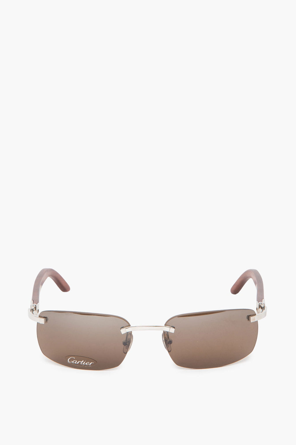 Cartier Light Wood Rimless Sunglasses with Platnium C Decor and Brown Lens
