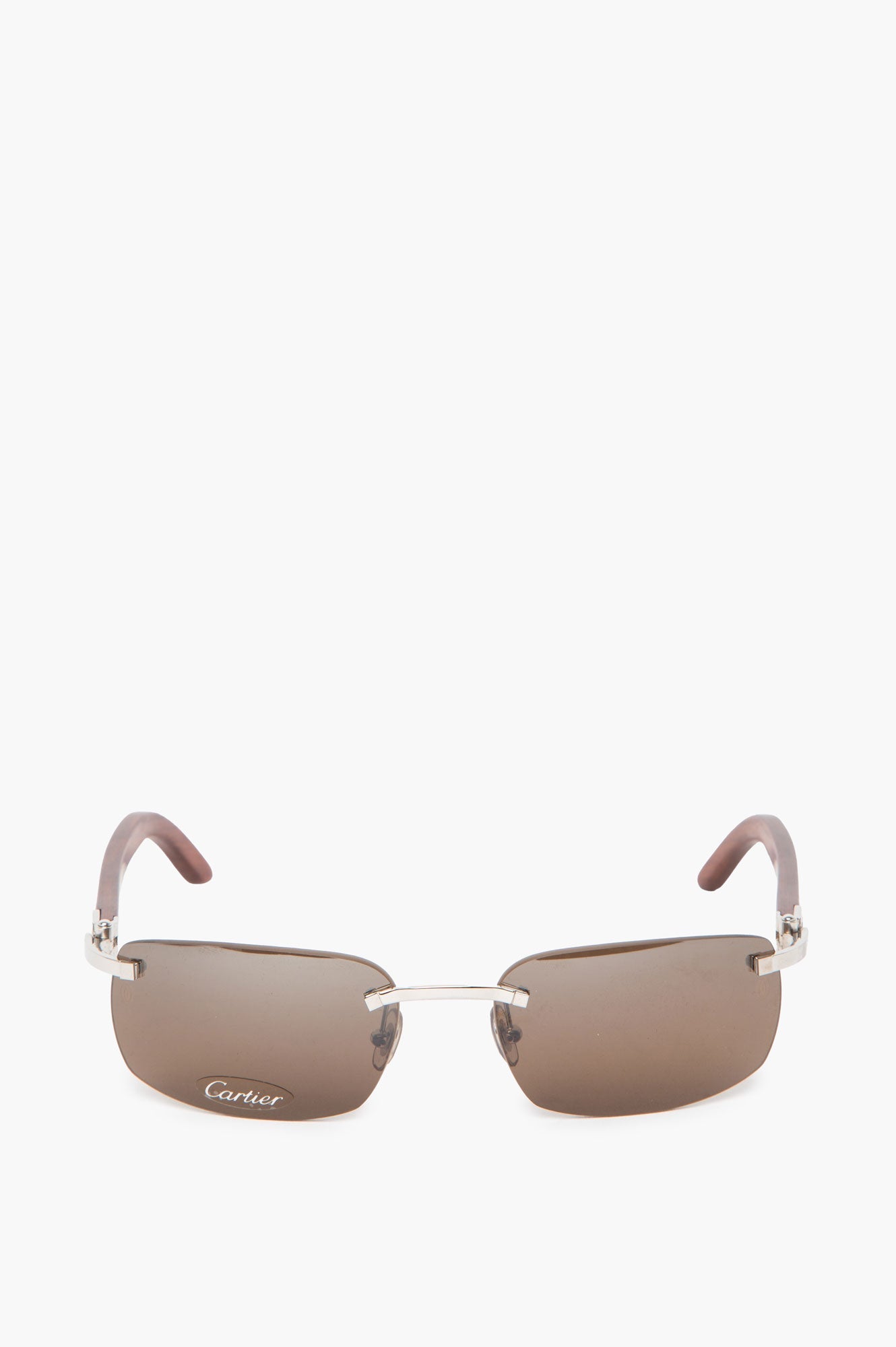 Cartier Light Wood Rimless Sunglasses with Platnium C Decor and Brown Lens