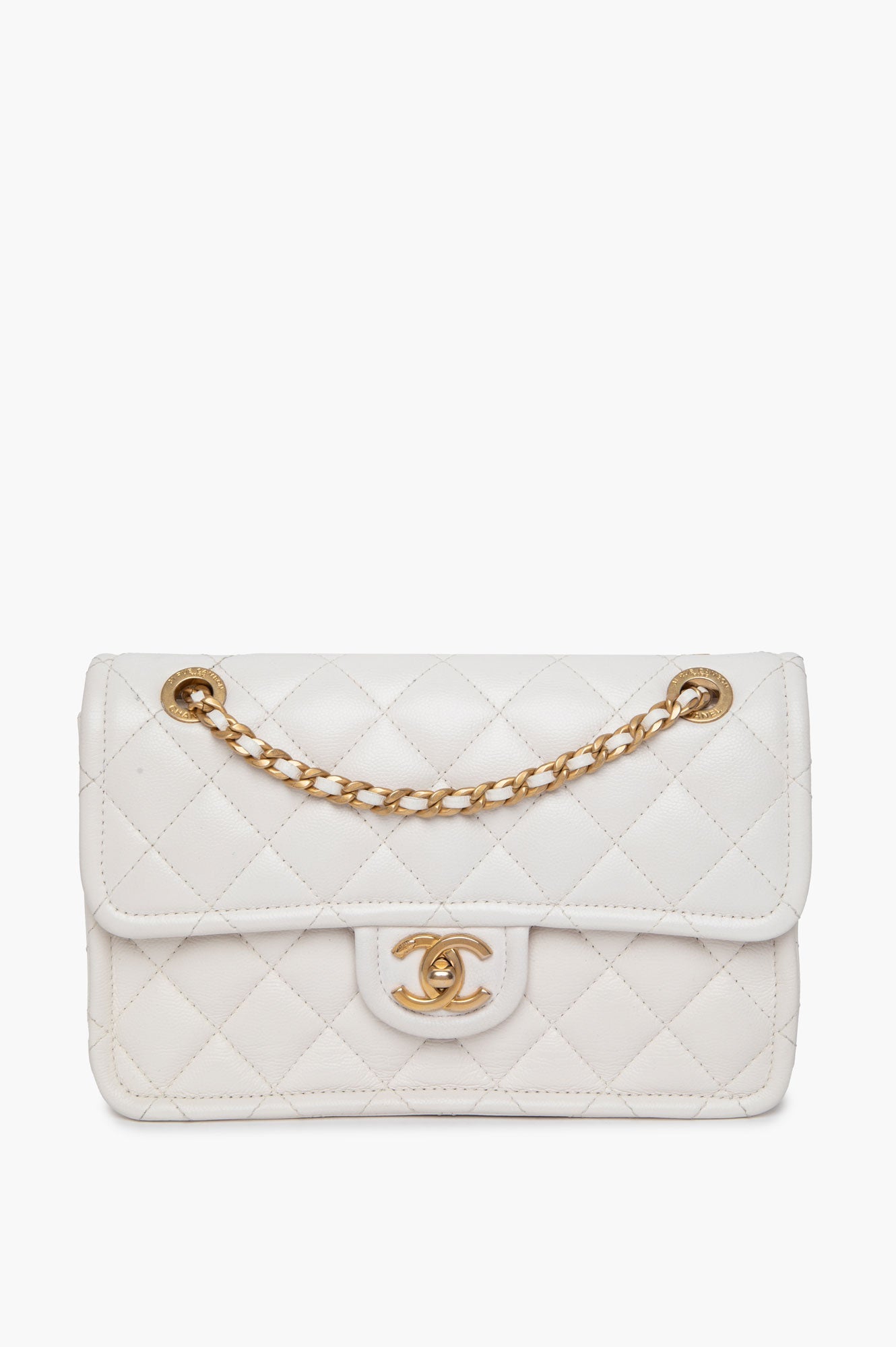Chanel 21P White Caviar Quilted Sweet Single Flap Bag Aged Gold Hardware