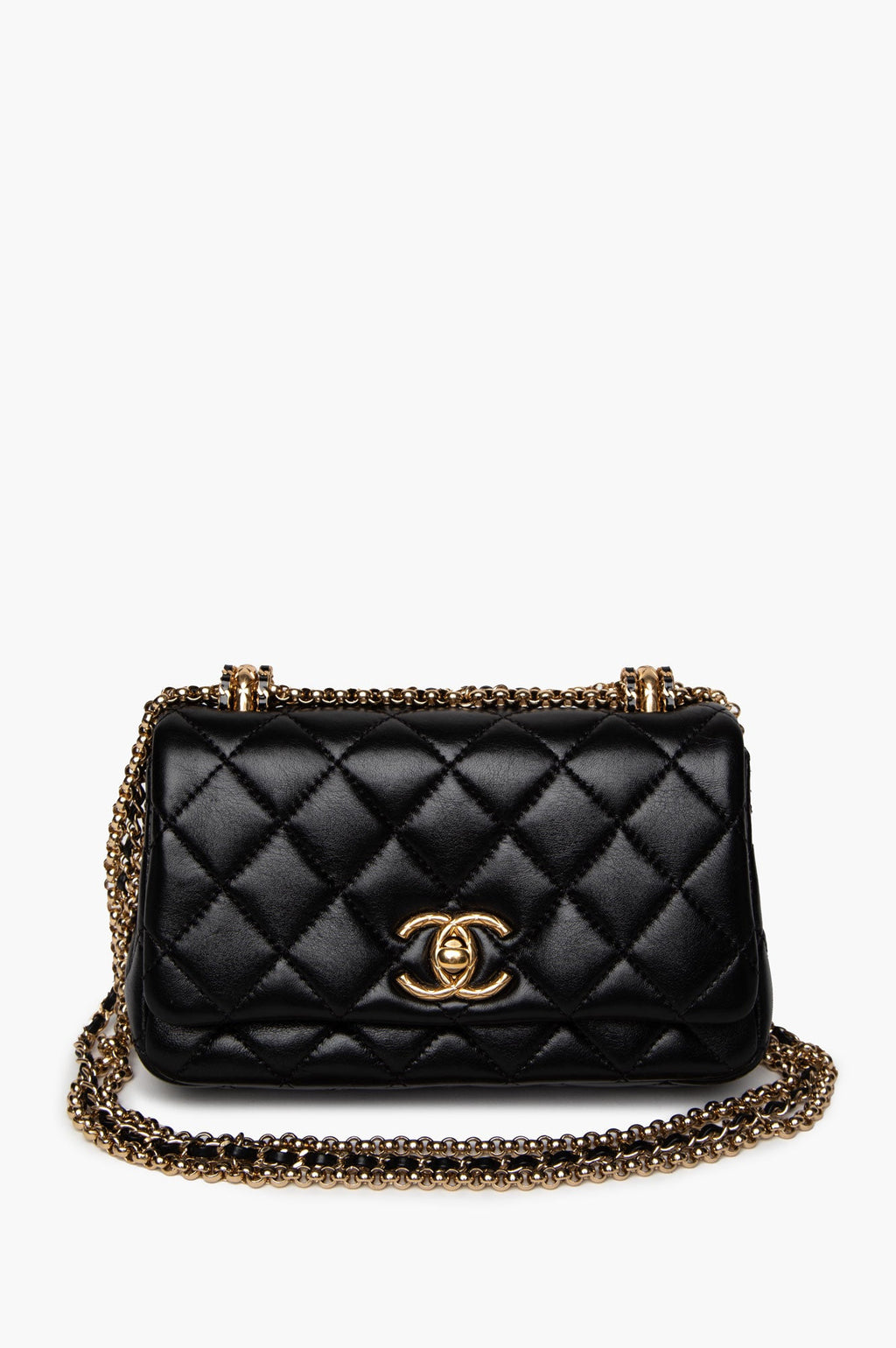 Chanel 24A Black Shiny Lambskin Gold Chain Mini Flap Bag