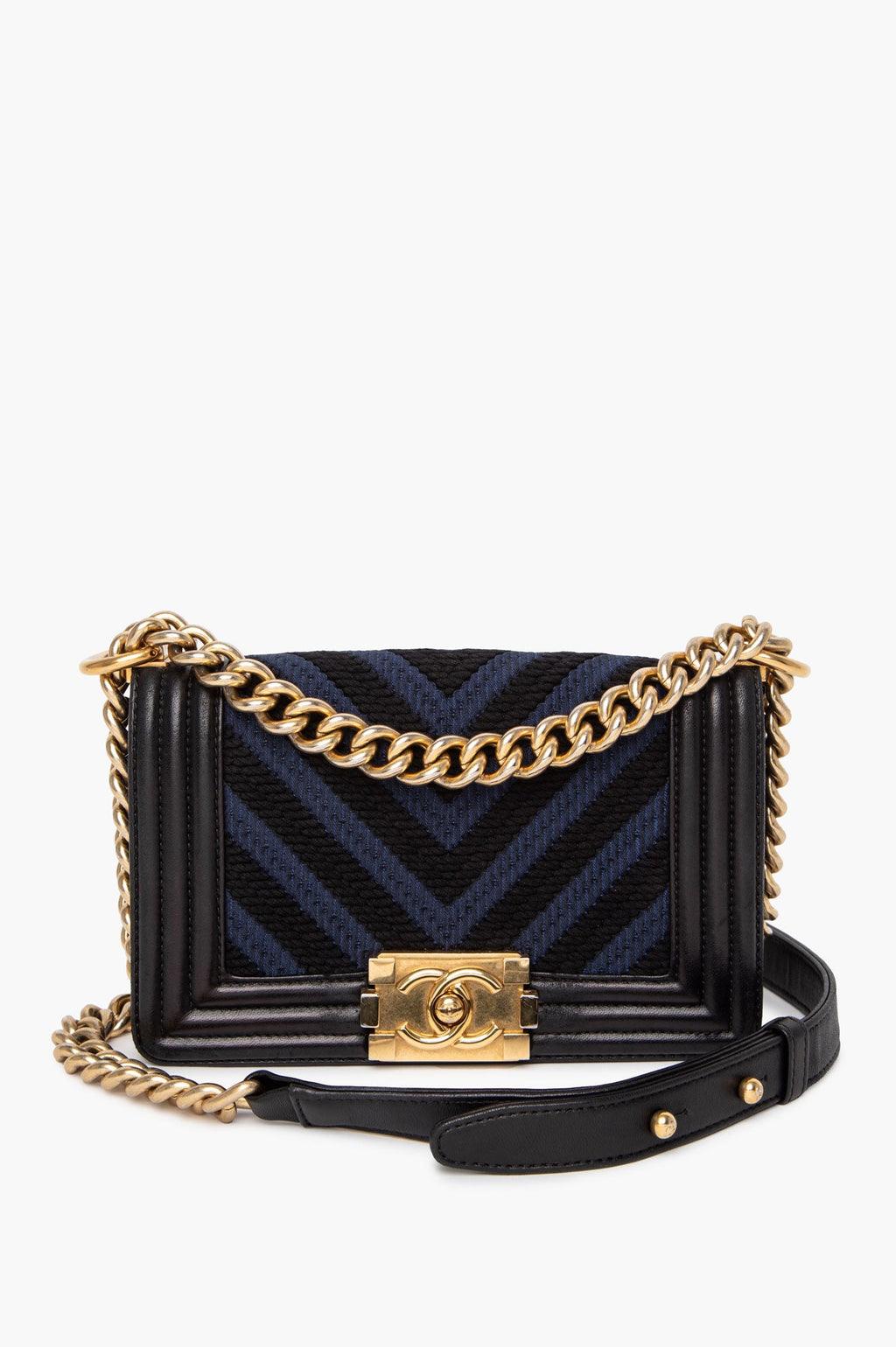Chanel Black/Blue Chevron Fabric and Leather Small Boy Flap Bag
