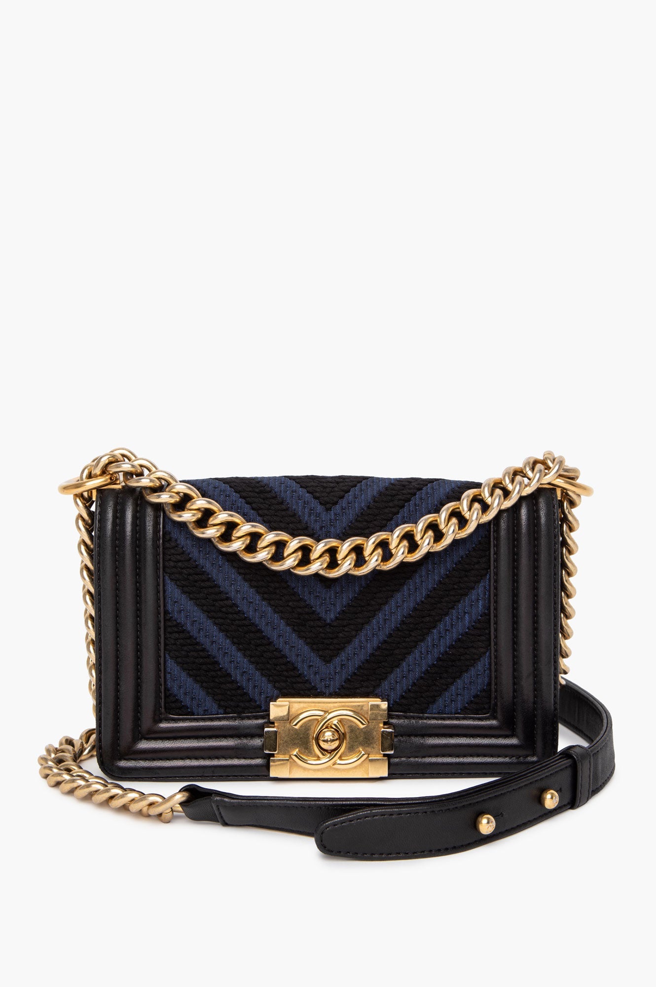 Chanel Black/Blue Chevron Fabric and Leather Small Boy Flap Bag