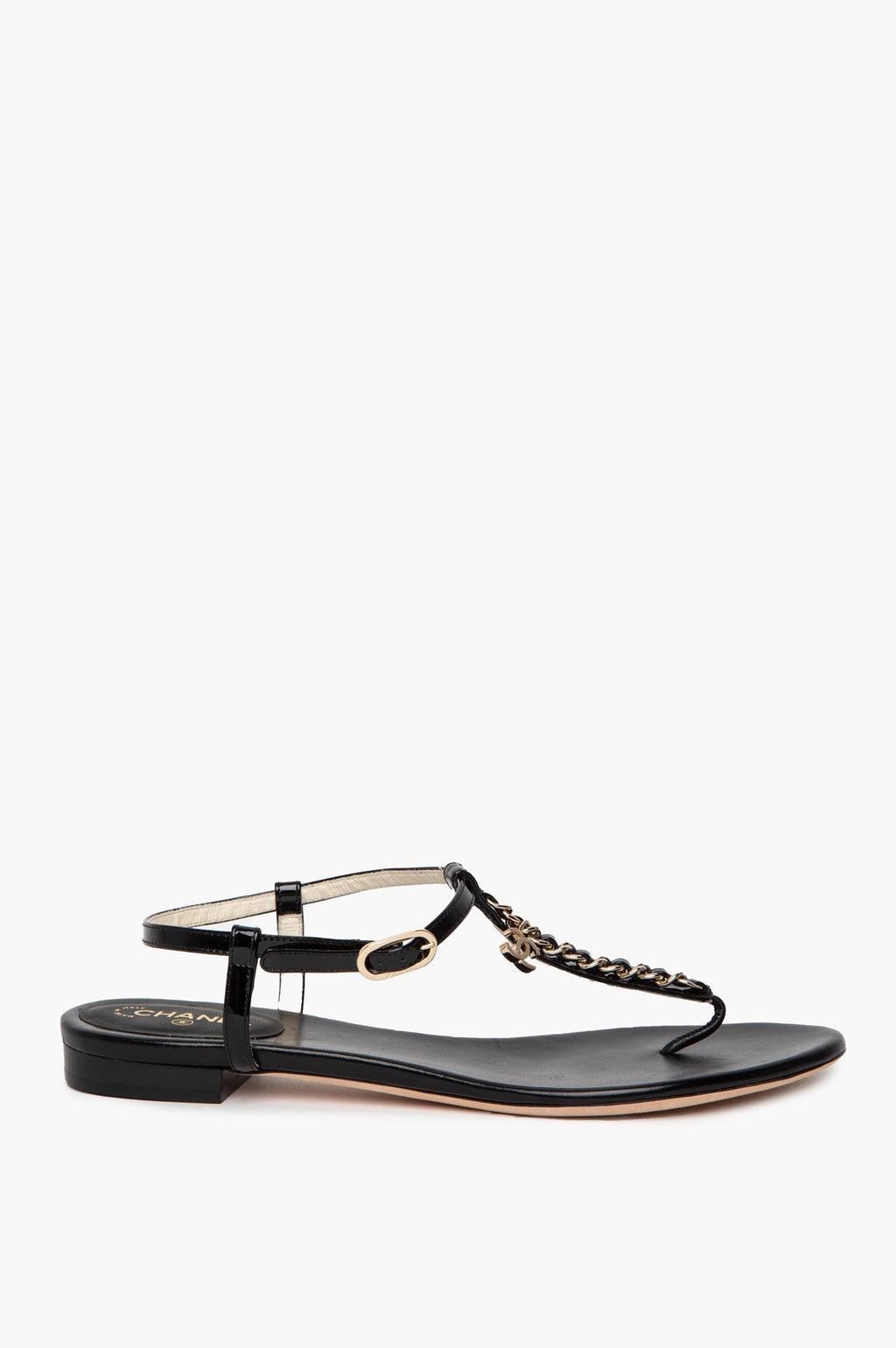 Chanel Black Patent Gold Chain T-Strap CC Charm Sandals Size 38.5