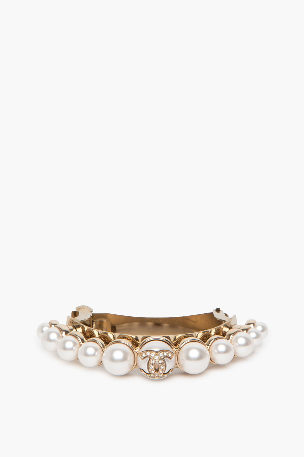 Chanel Crystal CC Logo Faux Pearl Gold Tone Pony Barette