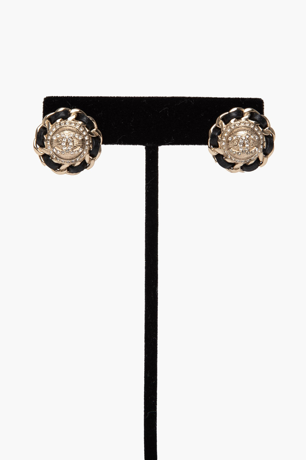 Chanel Leather Chain Framed CC Logo Rhinestone Stud Earrings