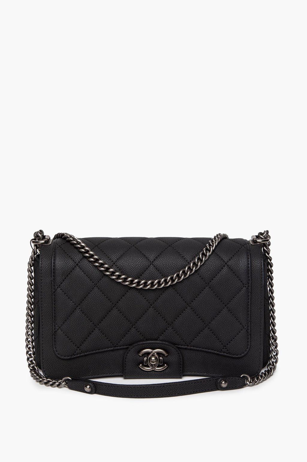 Chanel Matte Black Caviar Ruthenium Hardware Turn Around Flap Bag