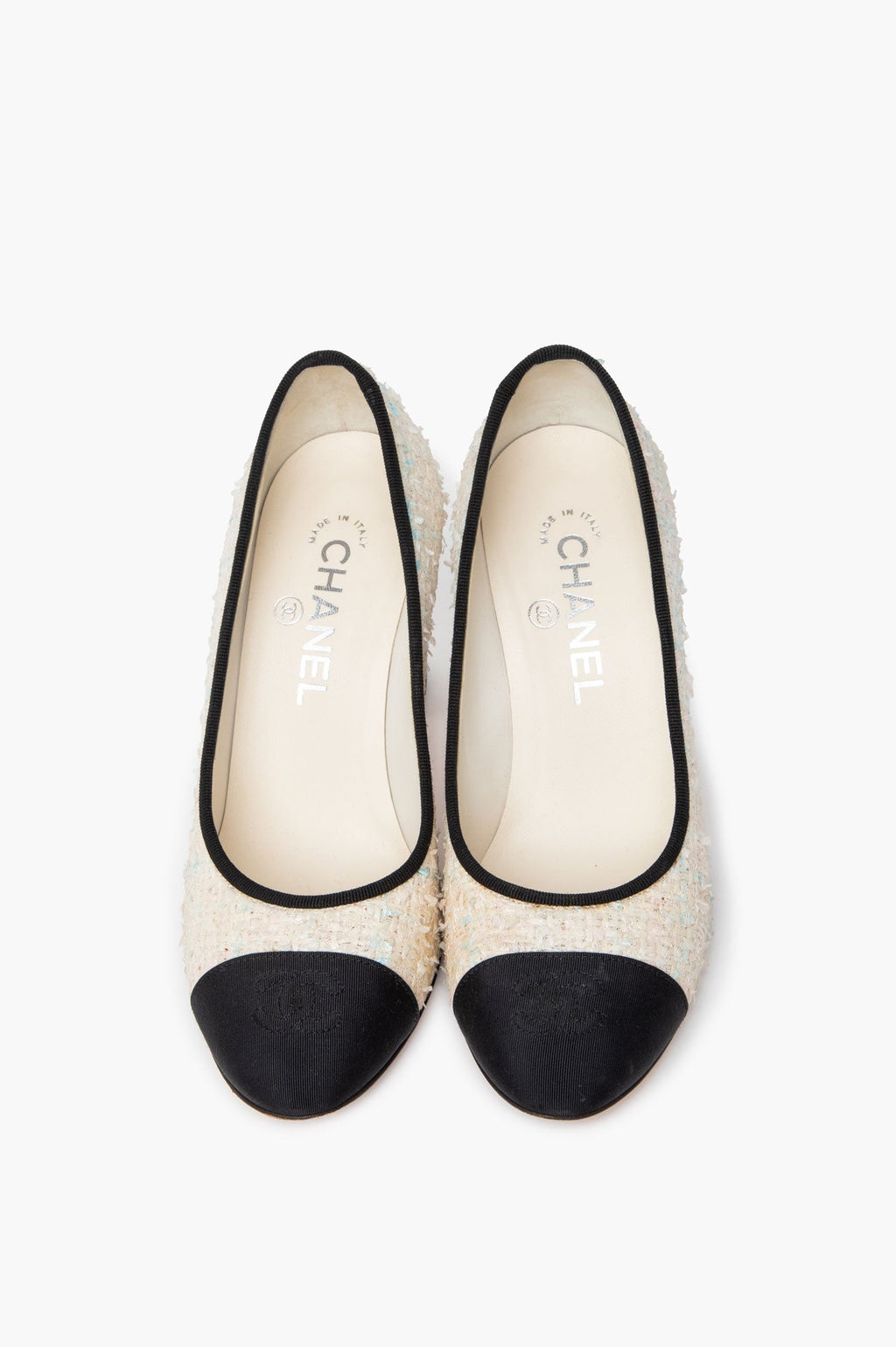 Chanel Pink & Blue Flecked Tweed CC Cap Toe Block Heel Pumps Size 36.5