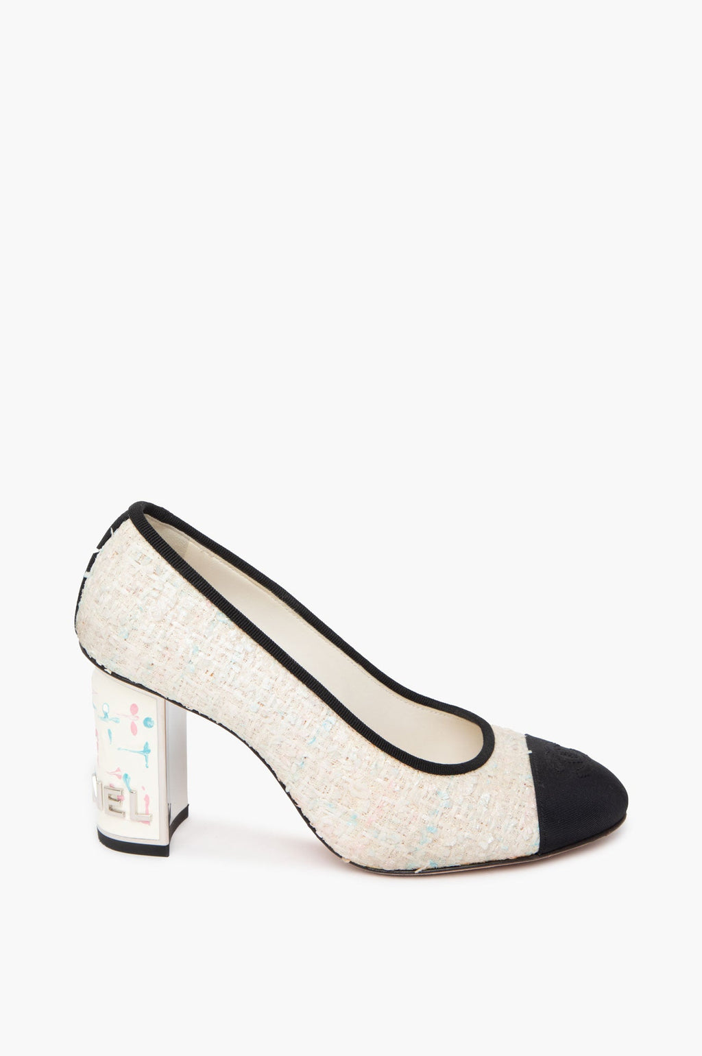 Chanel Pink & Blue Flecked Tweed CC Cap Toe Block Heel Pumps Size 36.5