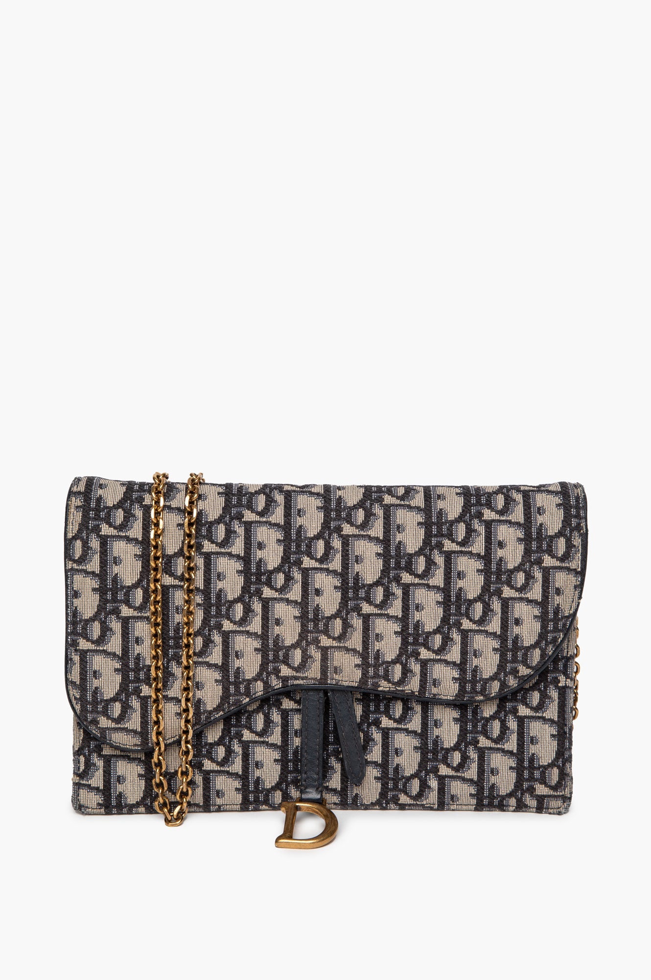 Christian Dior Blue Oblique Jacquard Medium Saddle Pouch with Chain