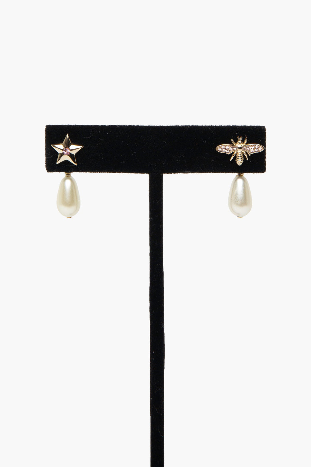 Christian Dior Gold Tone Pink Crystal Bee Star Pearl Earrings
