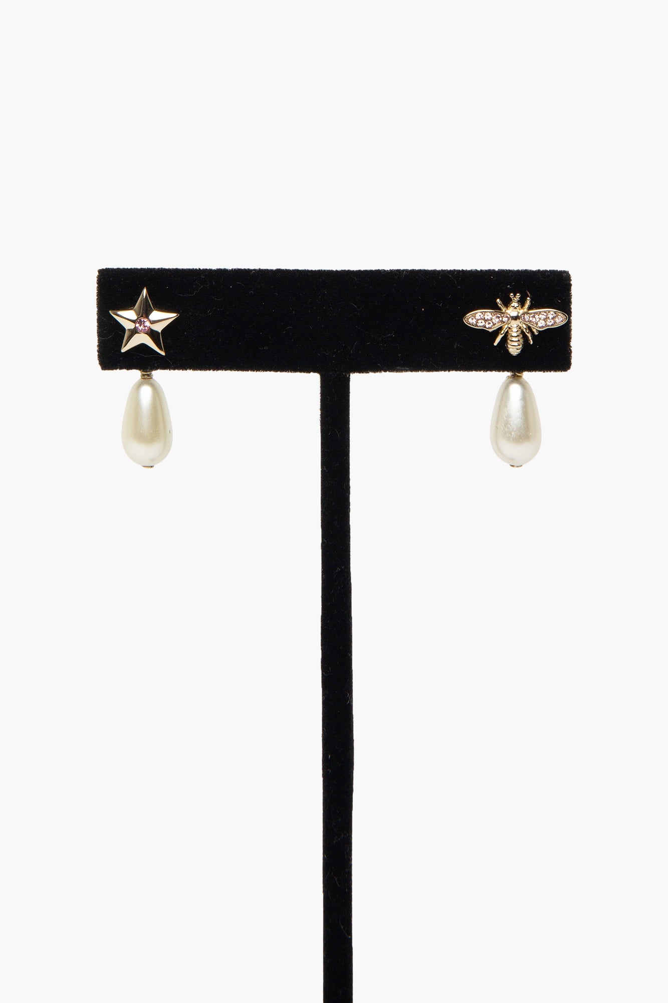 Christian Dior Gold Tone Pink Crystal Bee Star Pearl Earrings