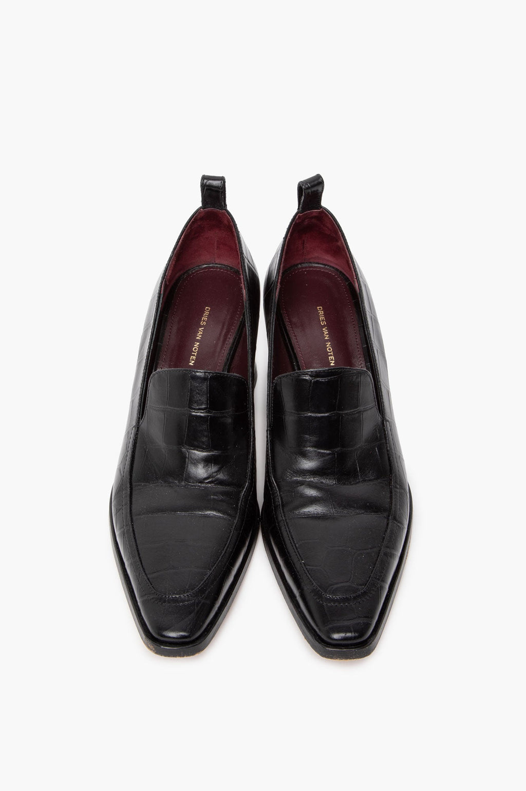 Dries Van Noten Black Croc-Embossed Leather Heeled Loafers Size 36.5