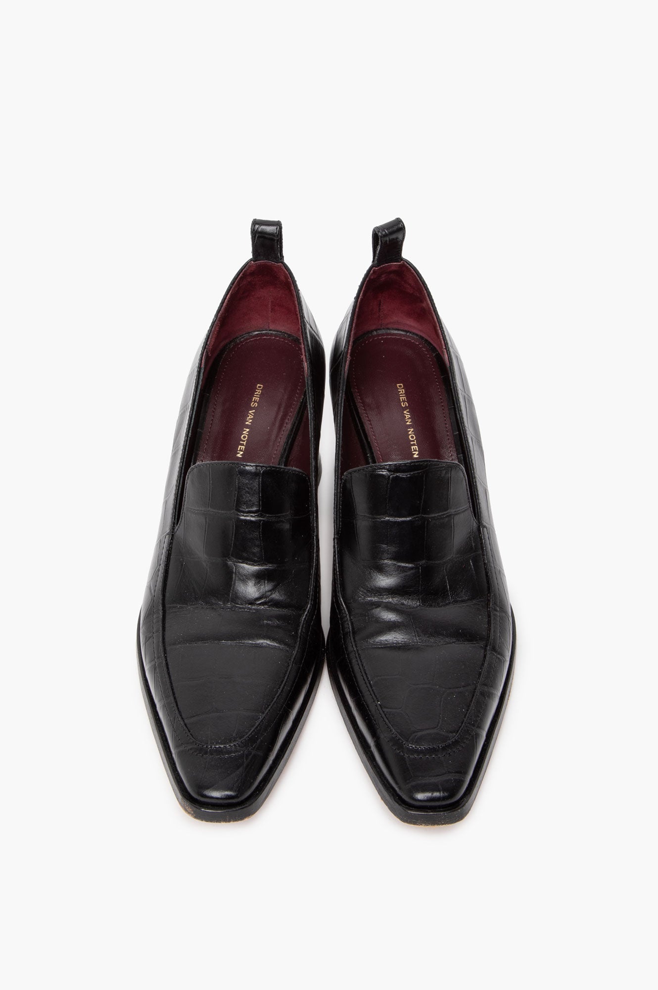 Dries Van Noten Black Croc-Embossed Leather Heeled Loafers Size 36.5