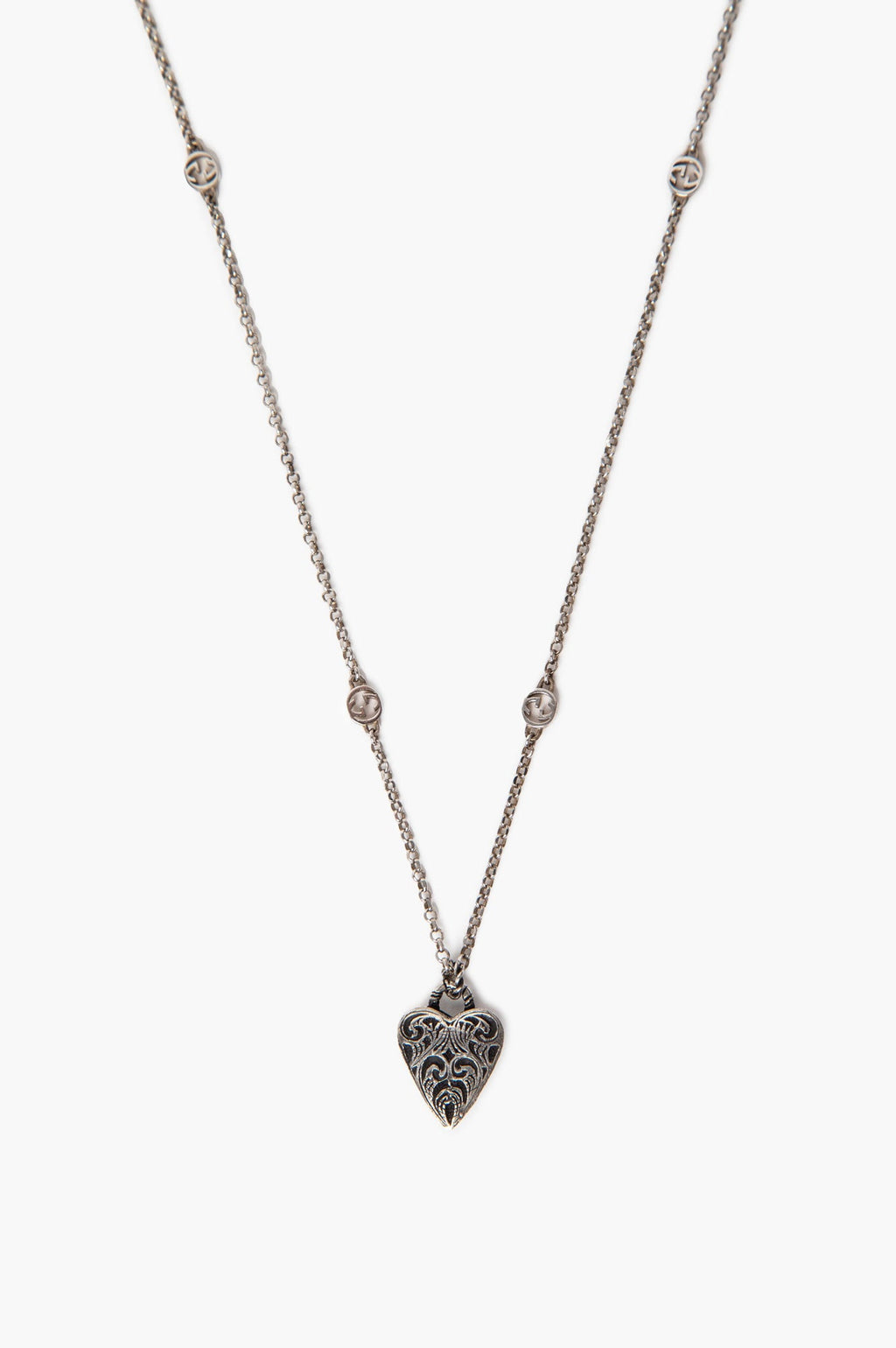 Gucci Sterling Silver Filigree Engraved Heart Pendant Necklace