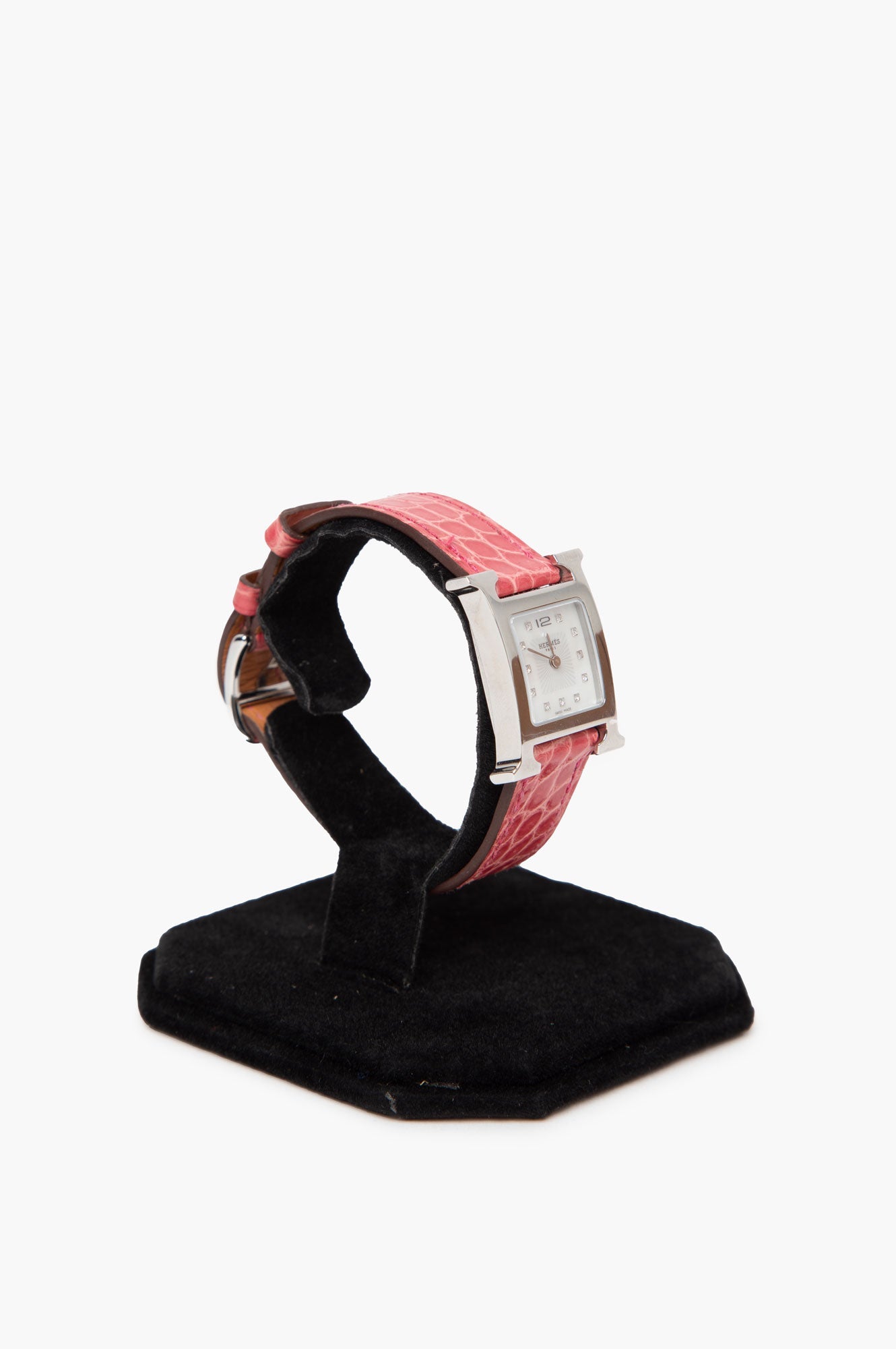 Hermes Pink Heure H Watch with Crocodile Strap