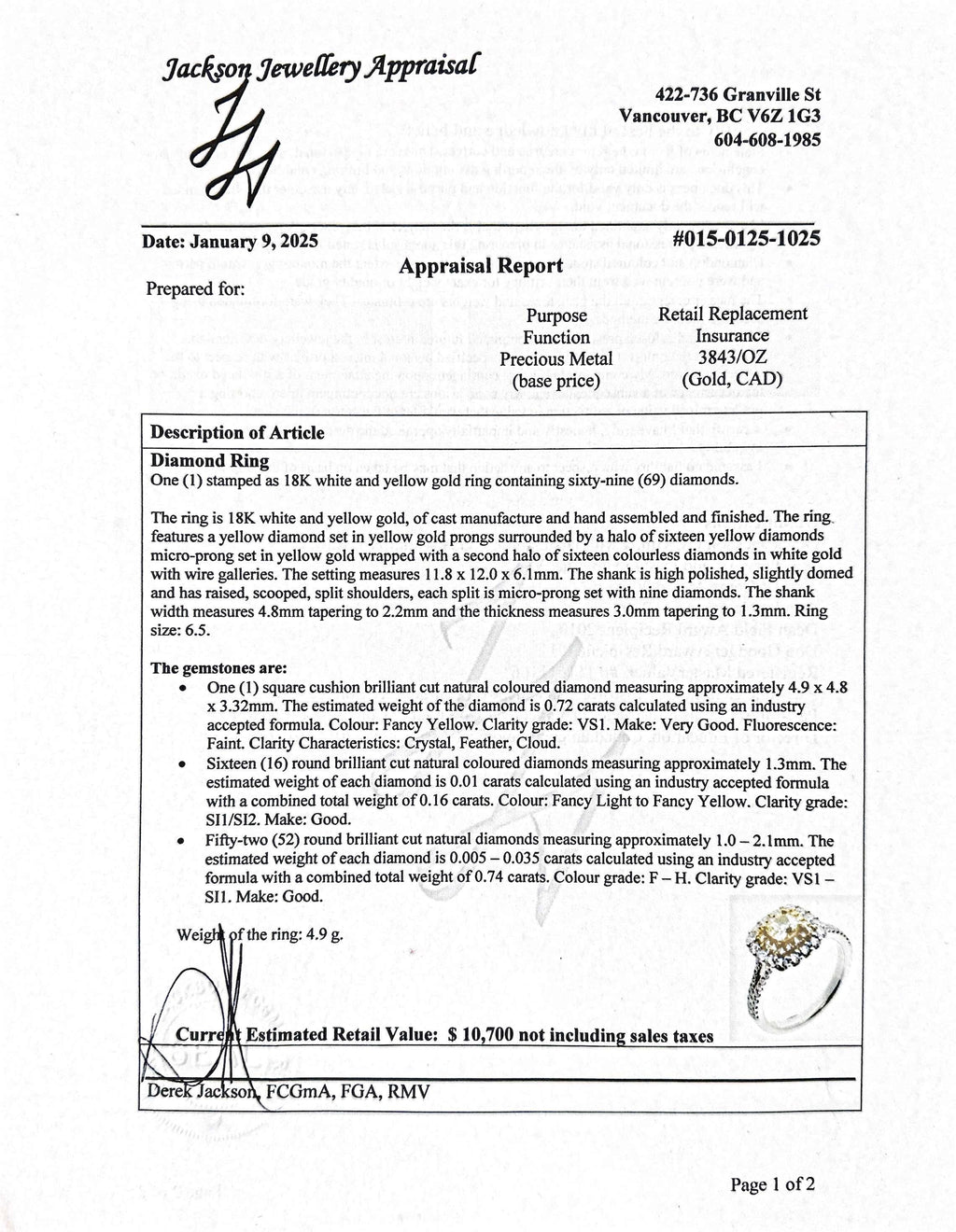 Yellow Diamond 18K Gold Ring Size 6.5