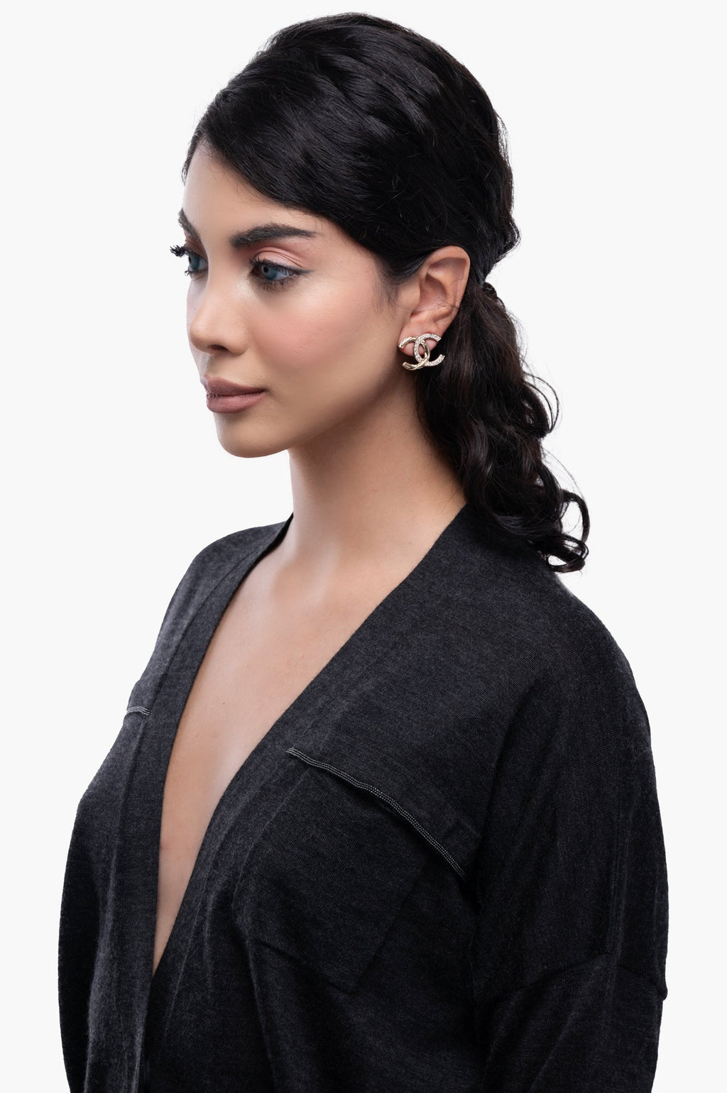 Chanel Crystal Glitter Quilted CC Earrings Light Gold