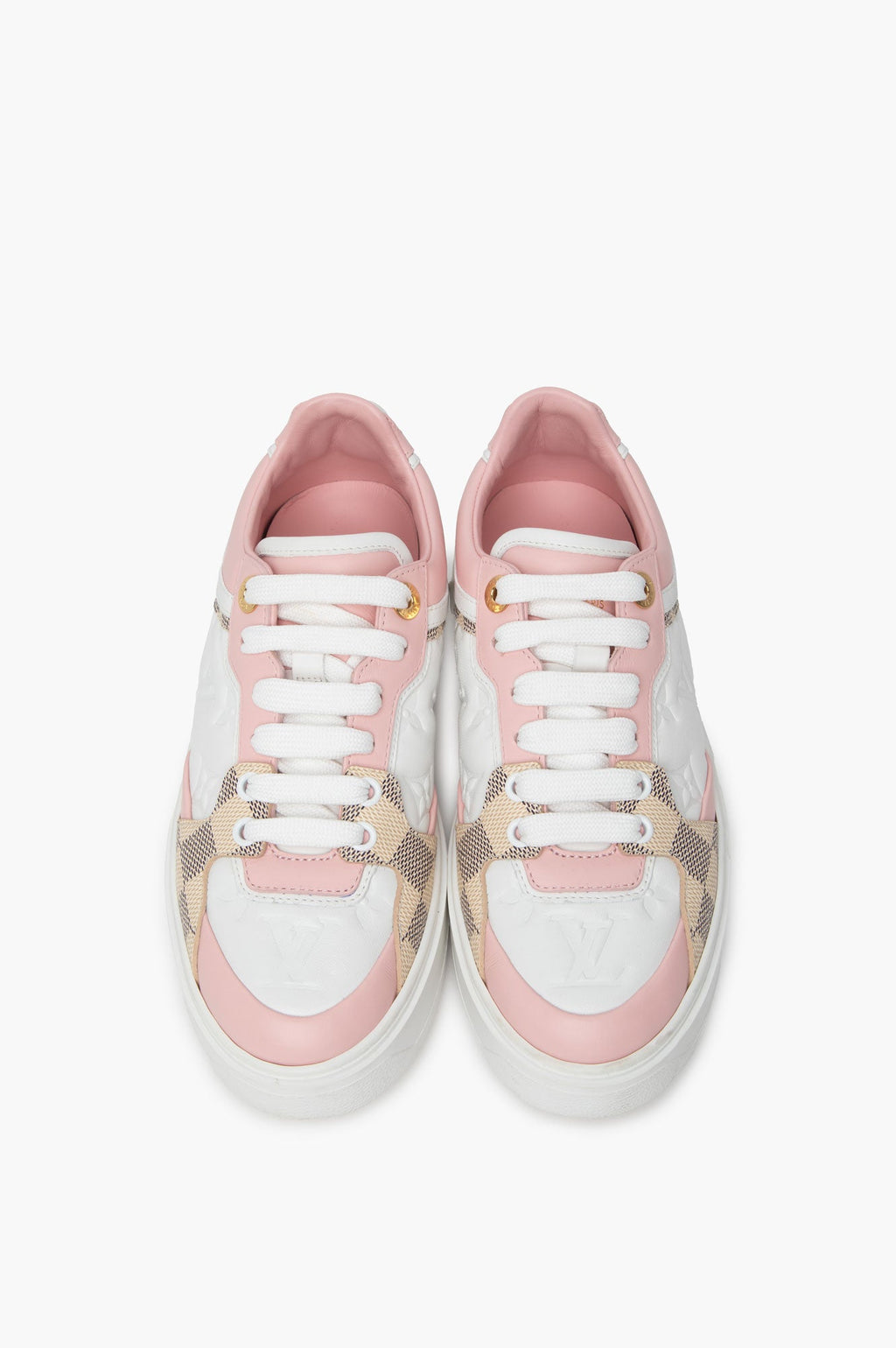 Louis Vuitton Pink/White Embossed Leather Damier Azur Time Out Trainers Size 35.5