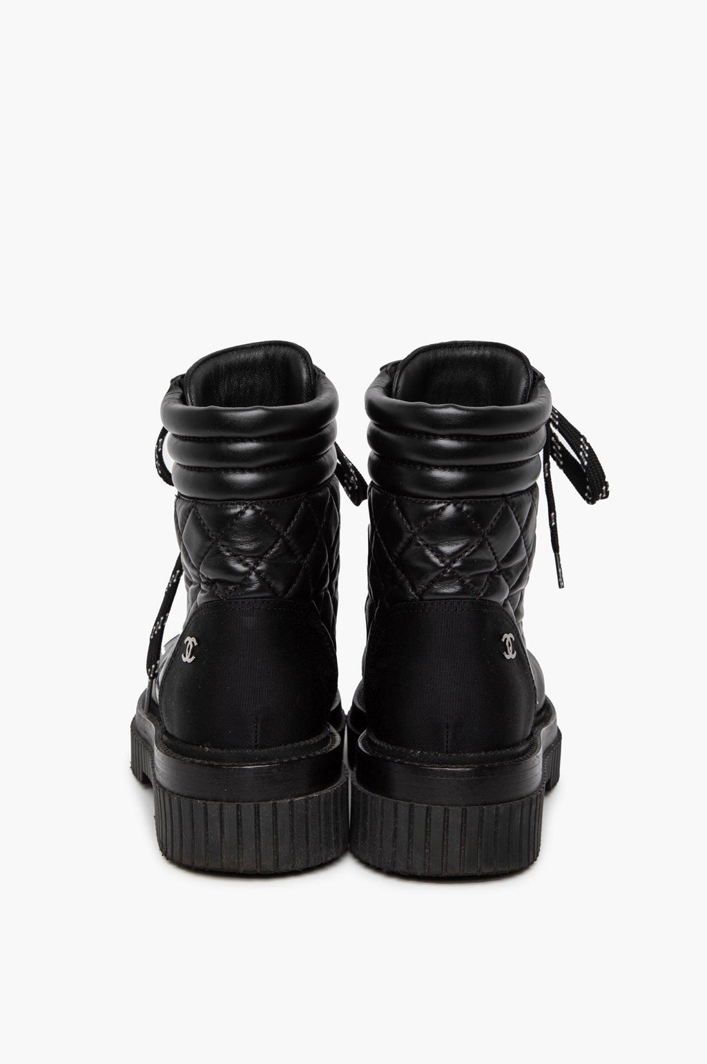 Chanel Black Quilted Calfskin Grosgrain Cap Toe Combat Boots Size 37