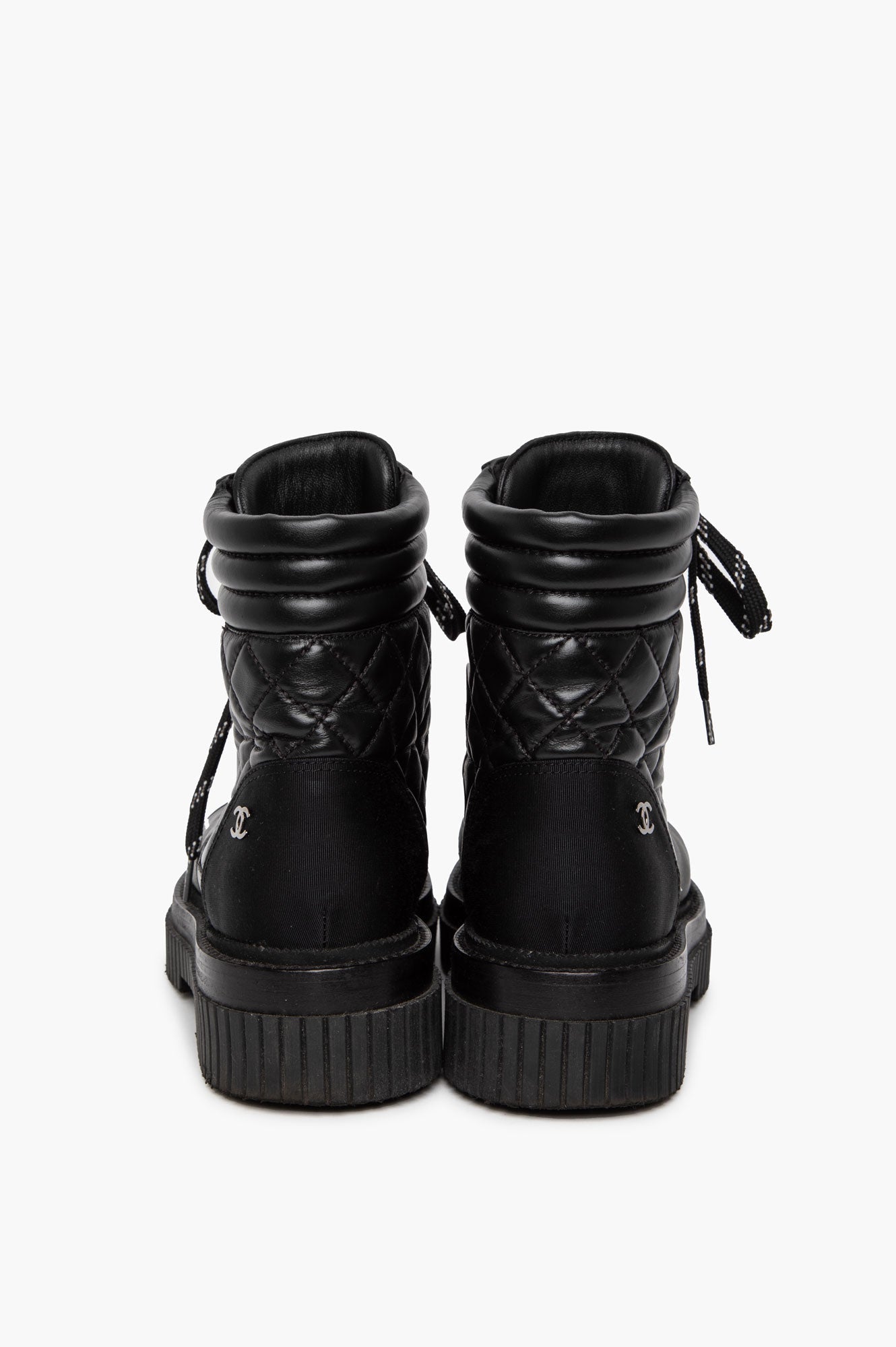 Chanel Black Quilted Calfskin Grosgrain Cap Toe Combat Boots Size 37