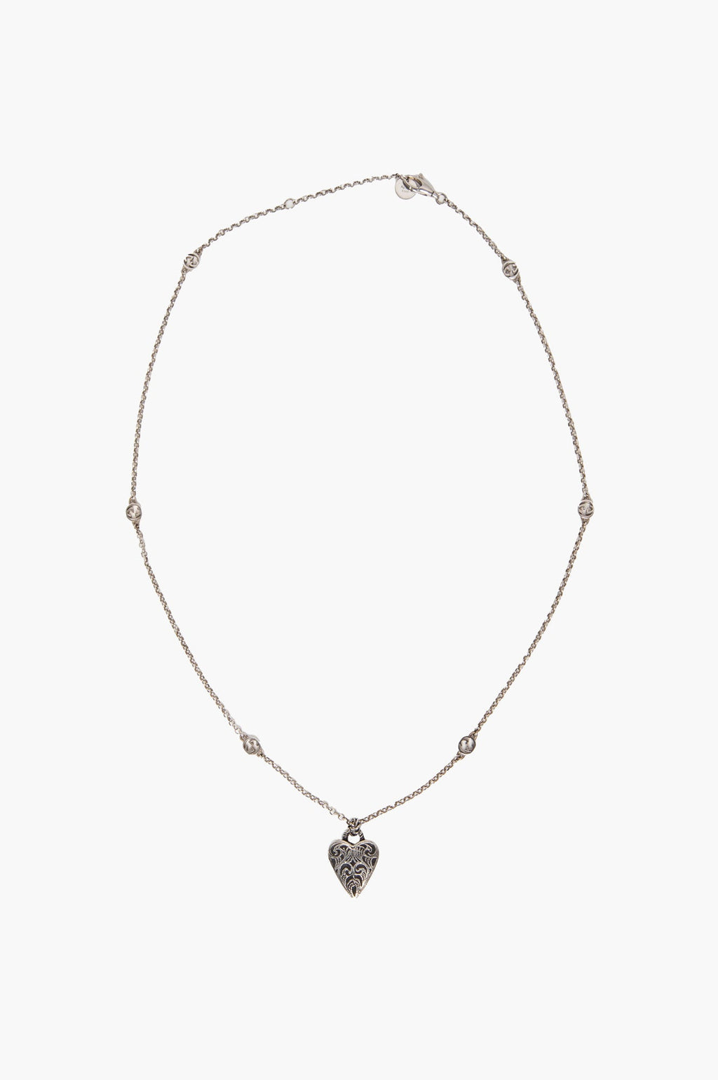 Gucci Sterling Silver Filigree Engraved Heart Pendant Necklace