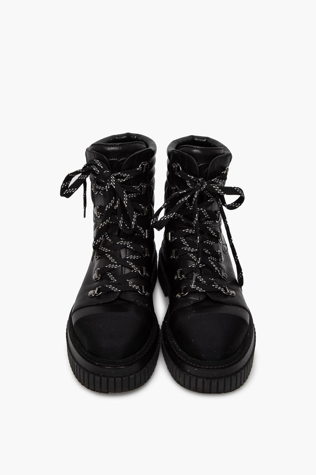 Chanel Black Quilted Calfskin Grosgrain Cap Toe Combat Boots Size 37