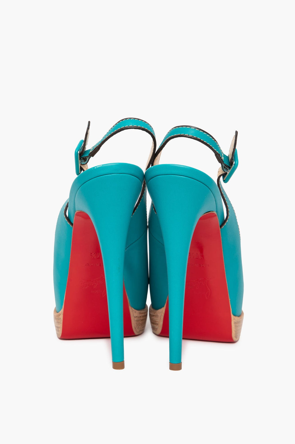 Christian Louboutin Turqoise Leather Palais Royal Trepointe Peeptoe Slingback Pumps SIze 37.5