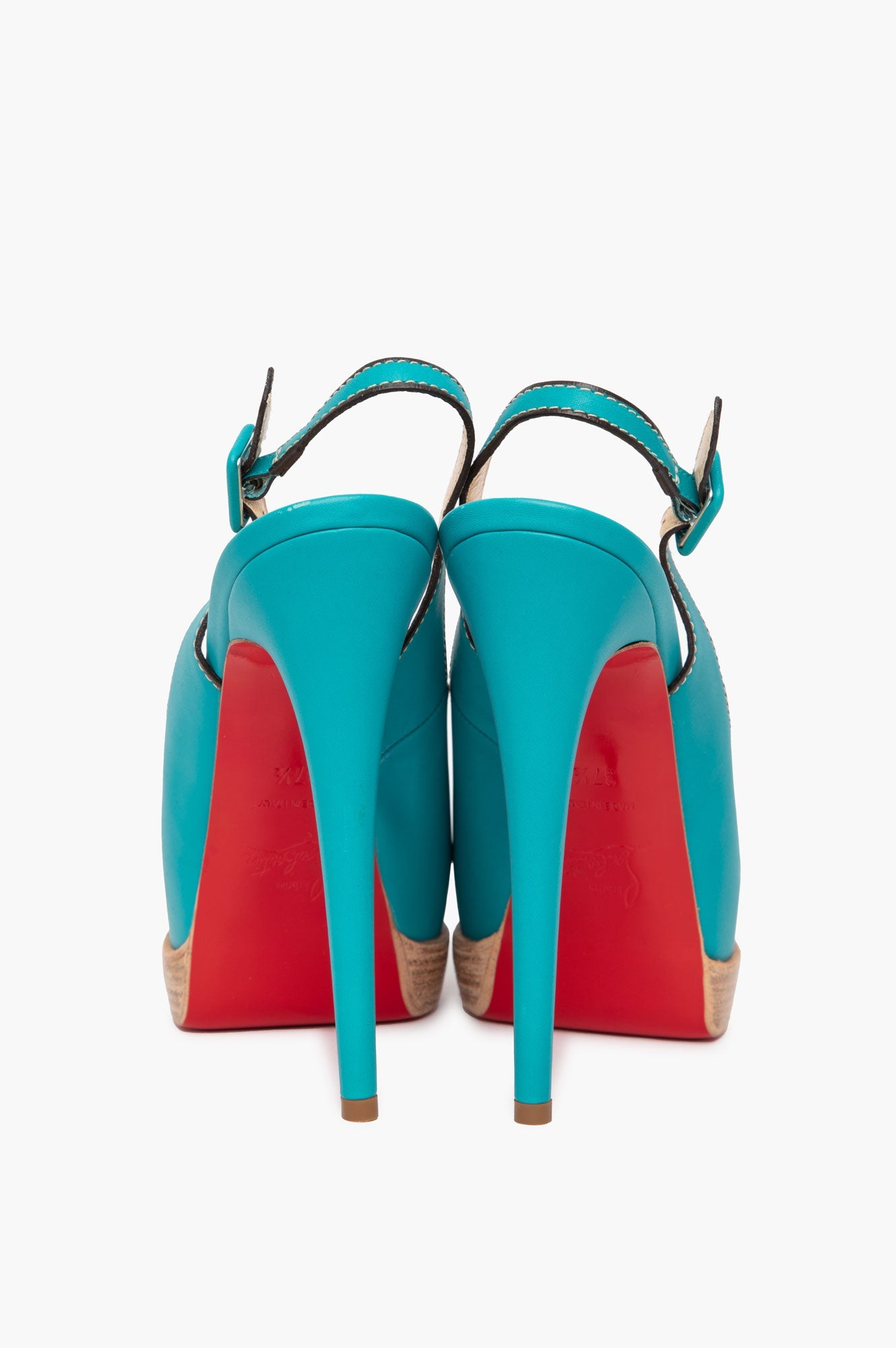 Christian Louboutin Turqoise Leather Palais Royal Trepointe Peeptoe Slingback Pumps SIze 37.5