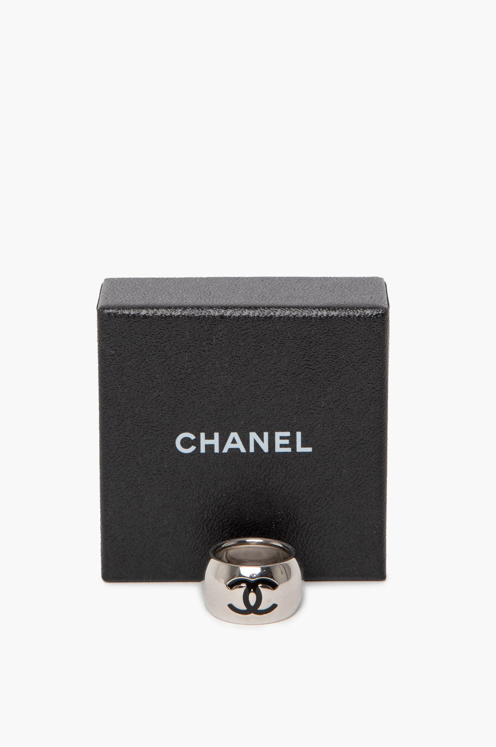 Chanel Silver-Tone Black Enamel CC Heart Ring