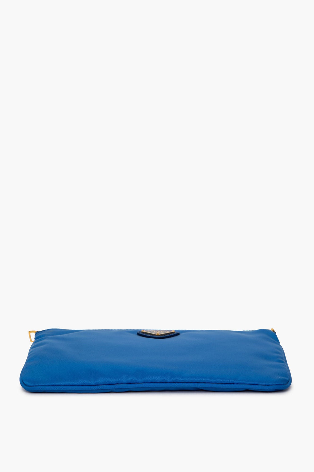 Prada Gold Tone Enamel Logo Blue Tessuto Nylon Wristlet Pouch