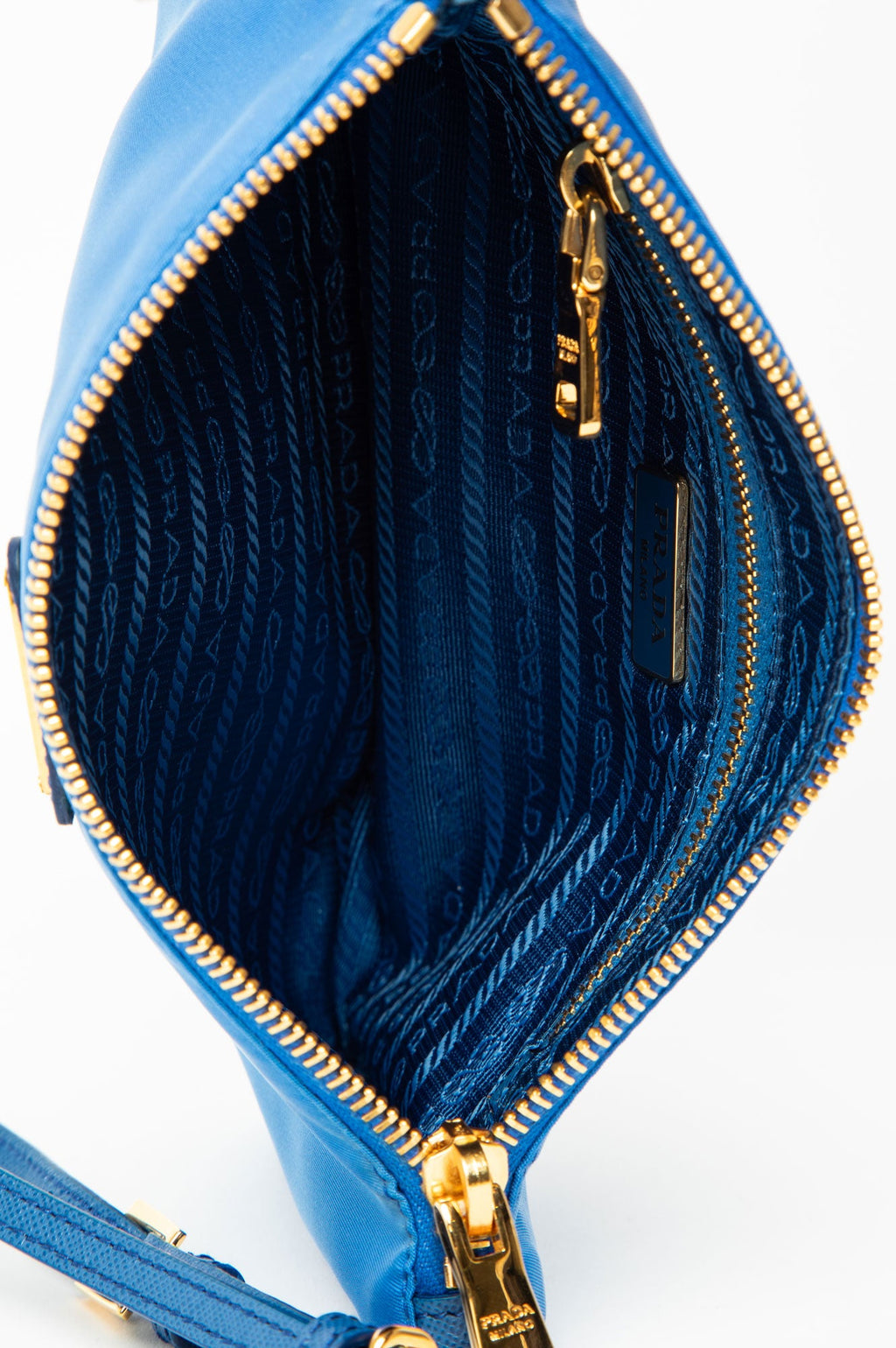 Prada Gold Tone Enamel Logo Blue Tessuto Nylon Wristlet Pouch