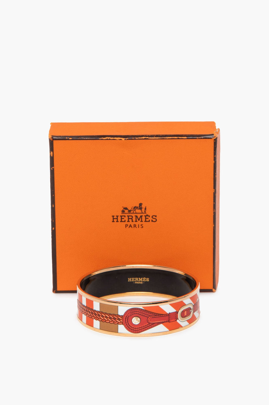 Hermès Rose Gold Plated Coaching Wide Printed Enamel Bangle Bracelet