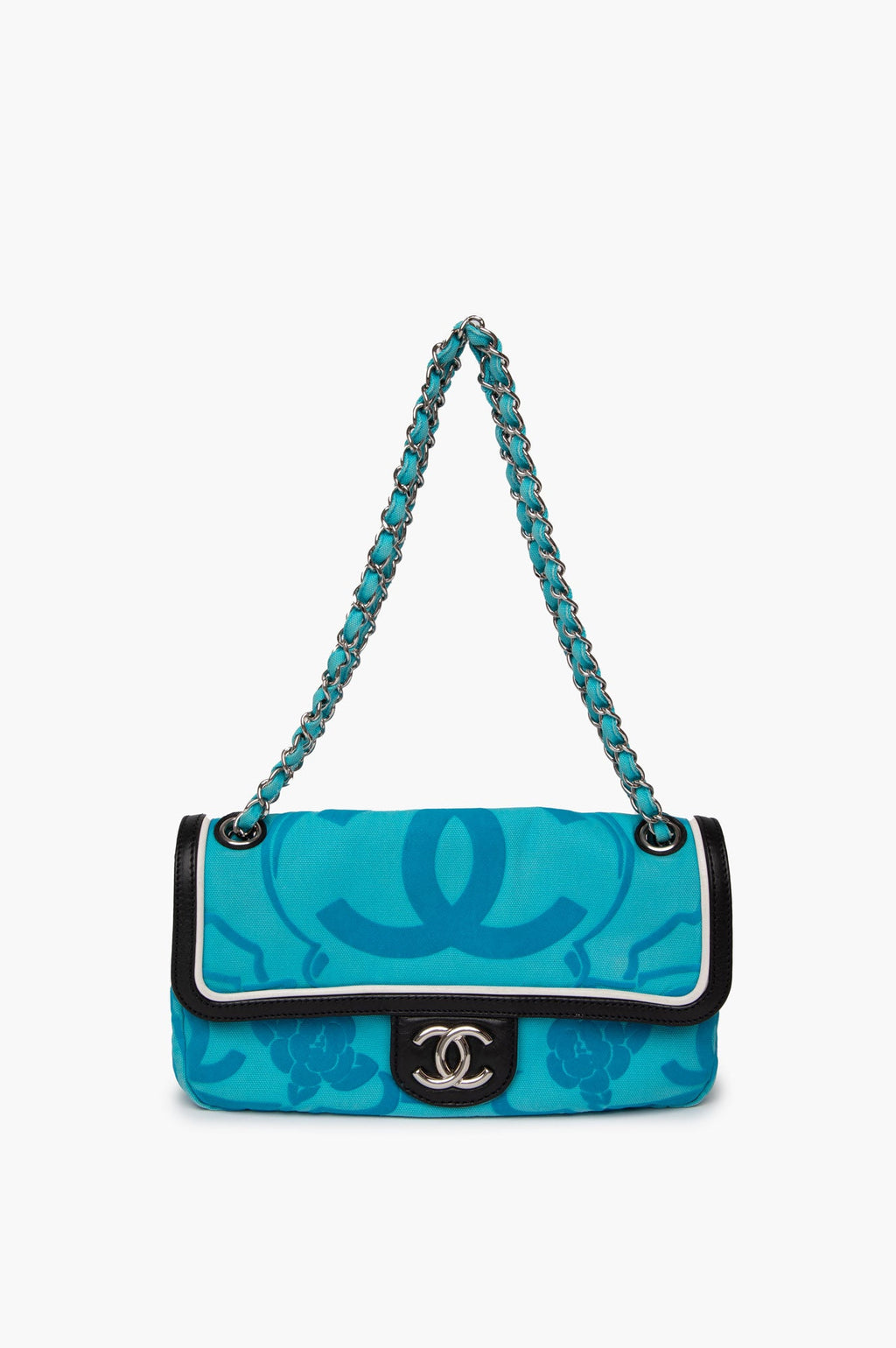 Chanel Blue Camellia Single Flap Shoulder Bag