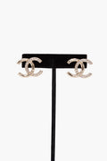 Chanel Crystal Glitter Quilted CC Earrings Light Gold