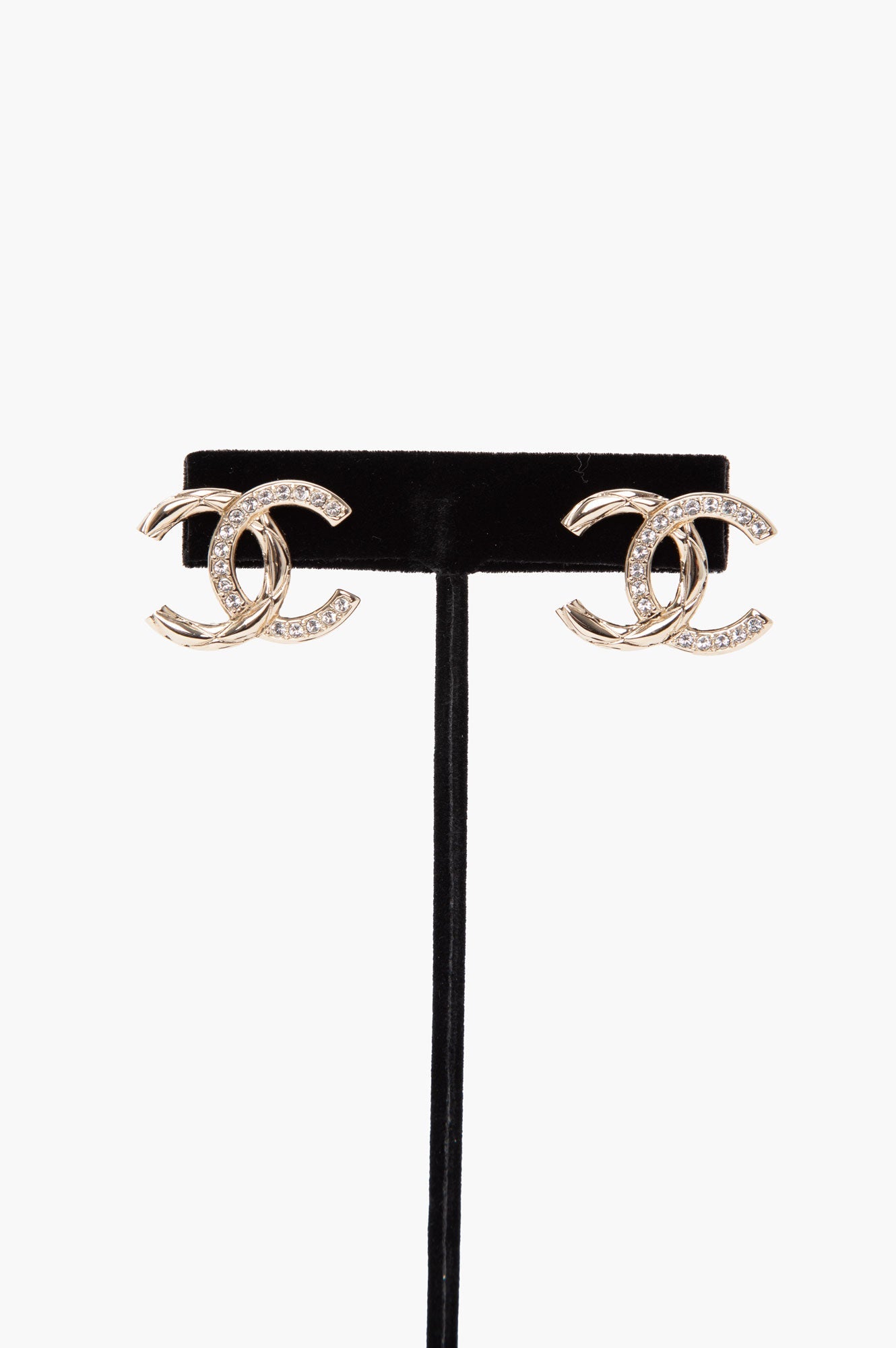 Chanel Crystal Glitter Quilted CC Earrings Light Gold