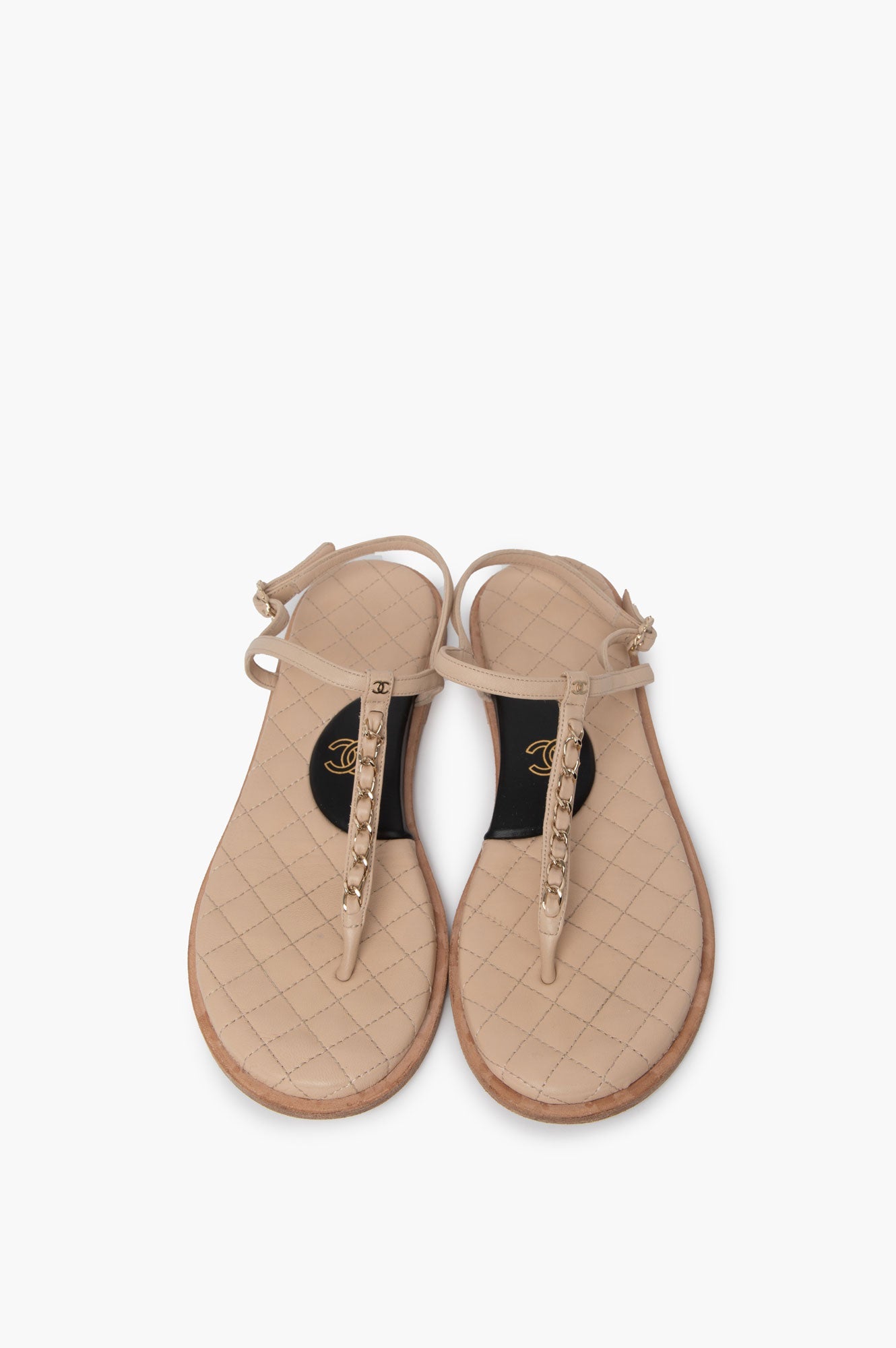 Chanel Beige Lambskin Chain Thong Sandals Size 39C