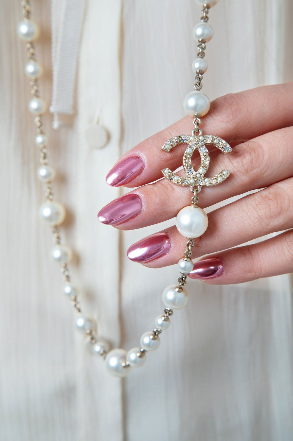 Chanel 14V Pearl and Camelia CC Long Single Strand Necklace