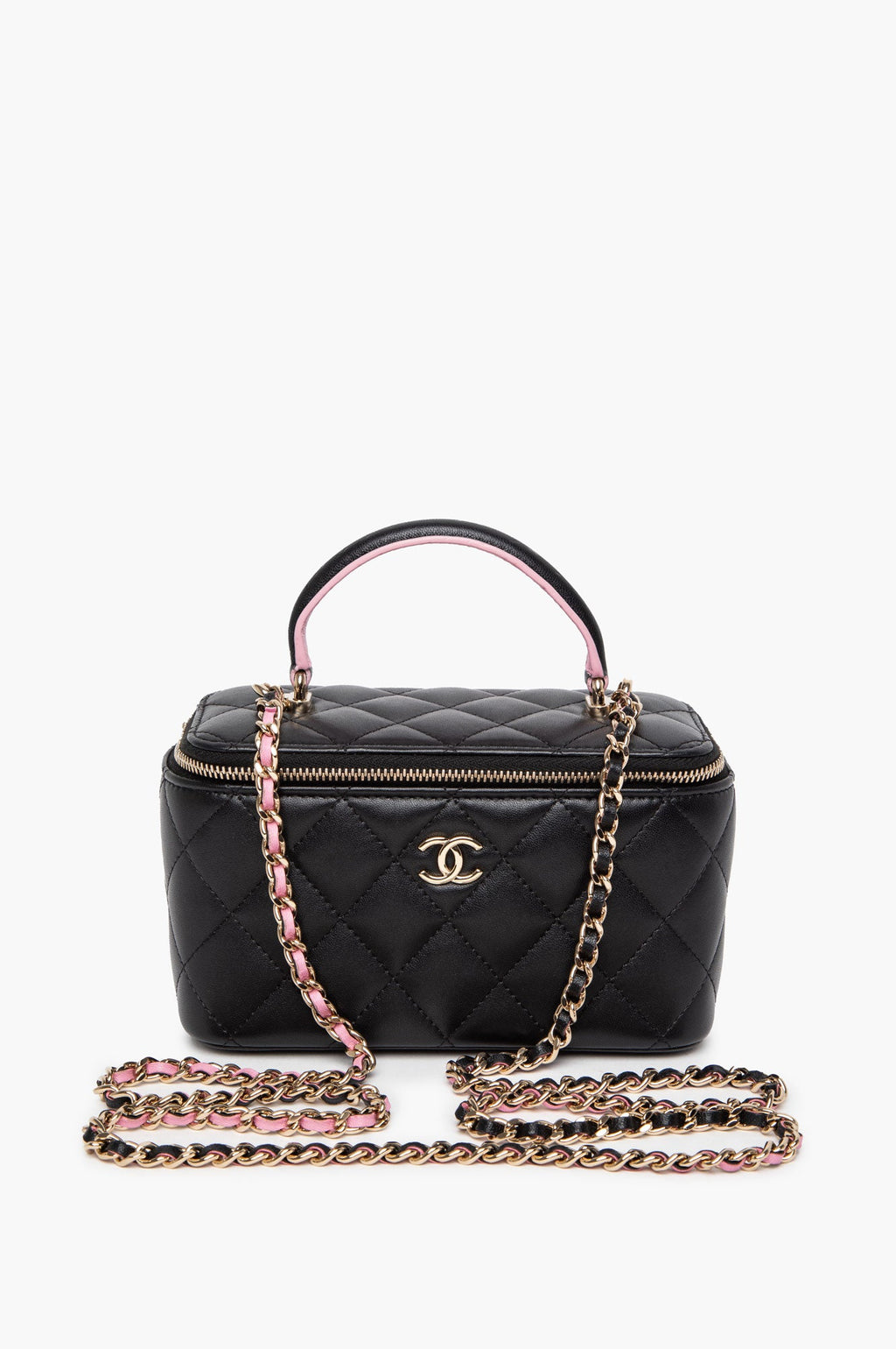 Chanel Black Lambskin Quilted Top Handle Vanity Case with Chain