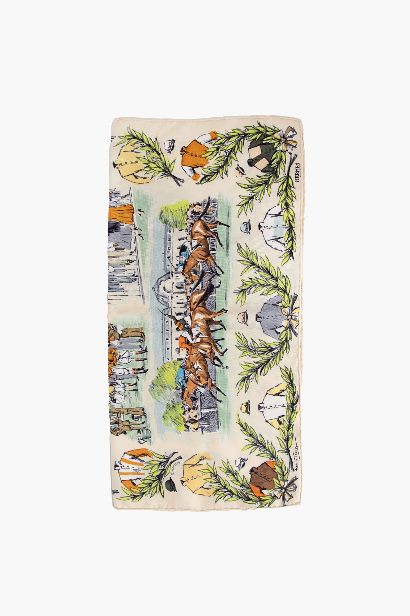 Hermes Beige Chantilly Maurice Taquoy Scarf 45*45