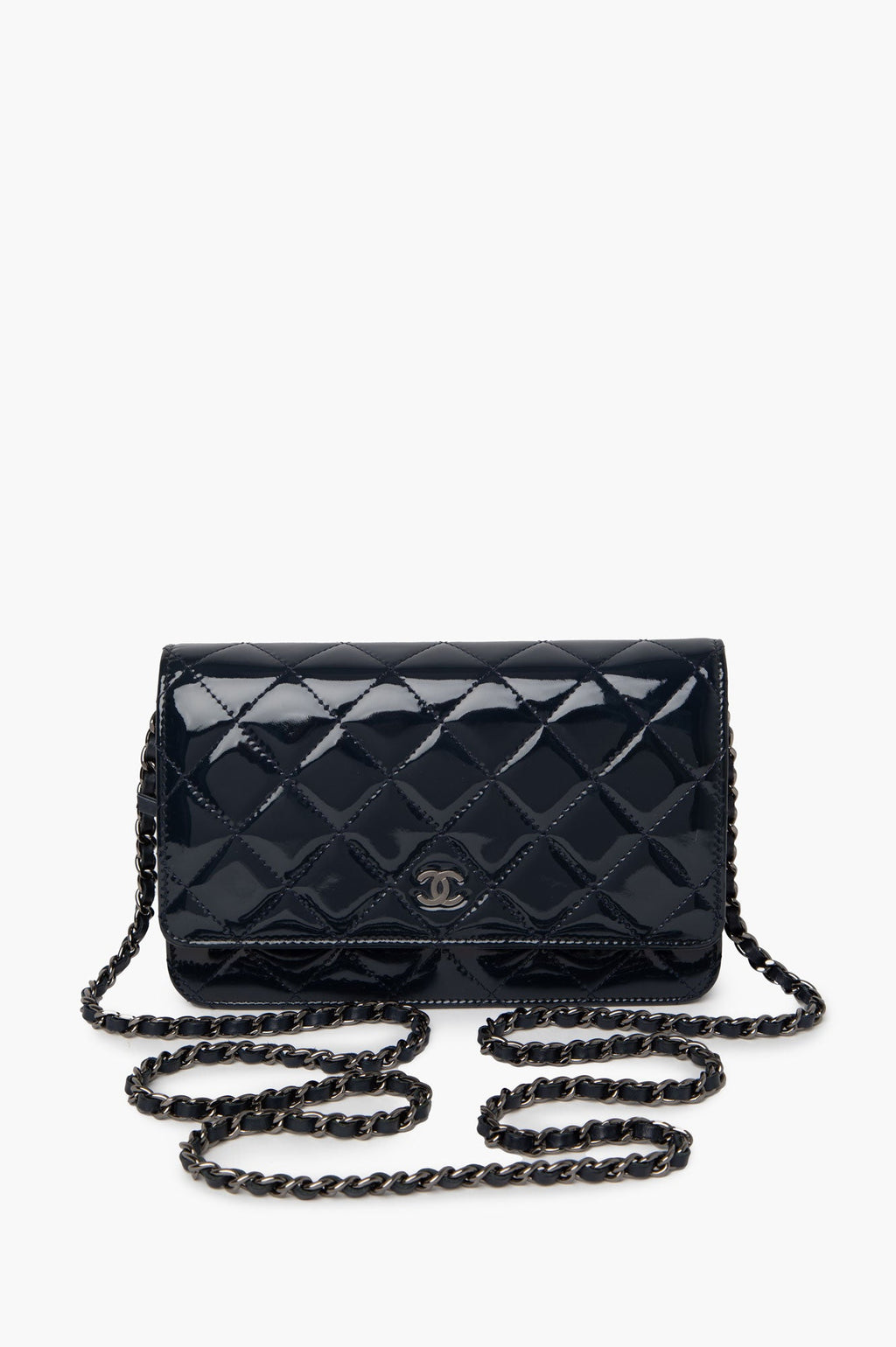 Chanel 2015 Blue Quilted Patent Wallet On Chain