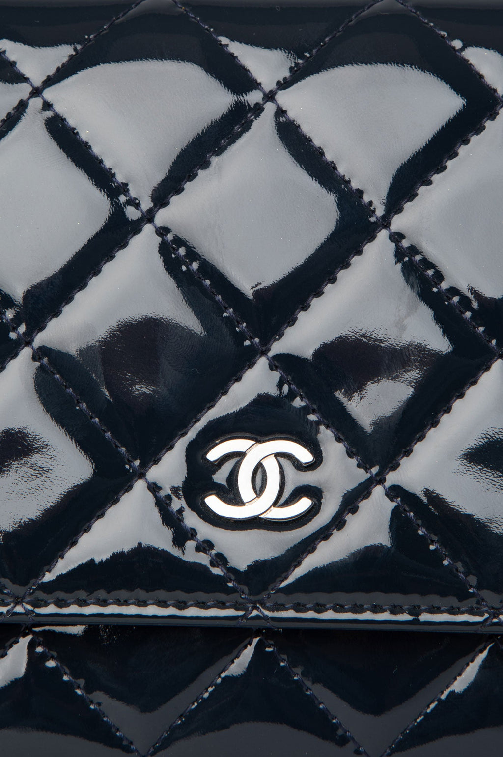 Chanel 2015 Blue Quilted Patent Wallet On Chain