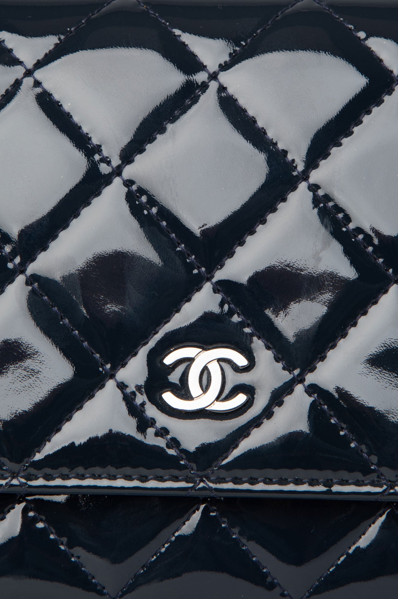 Chanel 2015 Blue Quilted Patent Wallet On Chain