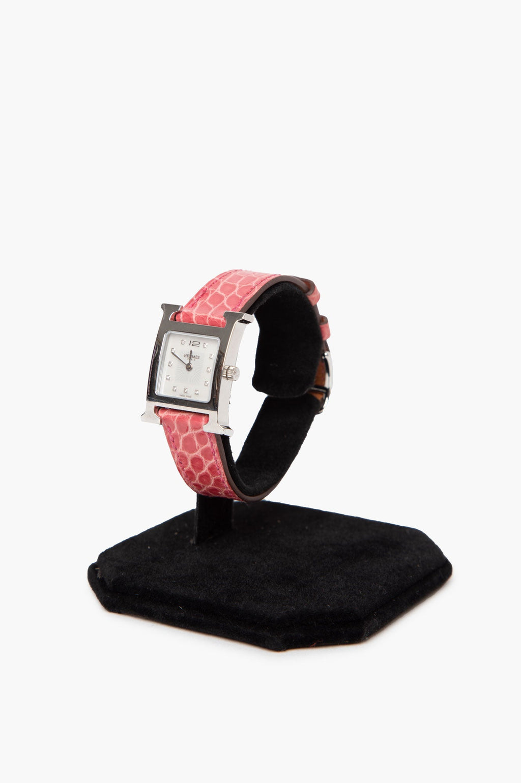 Hermes Pink Heure H Watch with Crocodile Strap