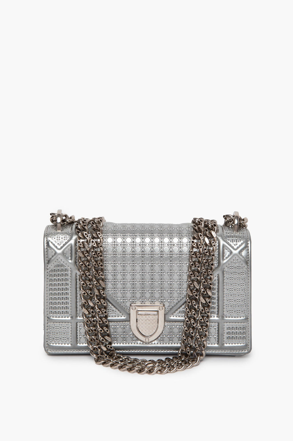 Christian Dior Metallic Patent Micro-Cannage Diorama Wallet on Chain Pouch Silver