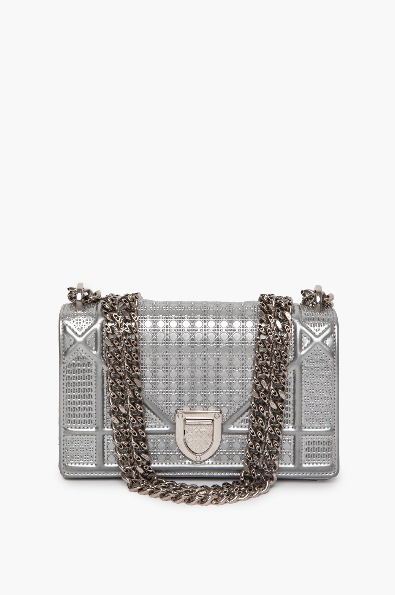 Christian Dior Metallic Patent Micro-Cannage Diorama Wallet on Chain Pouch Silver