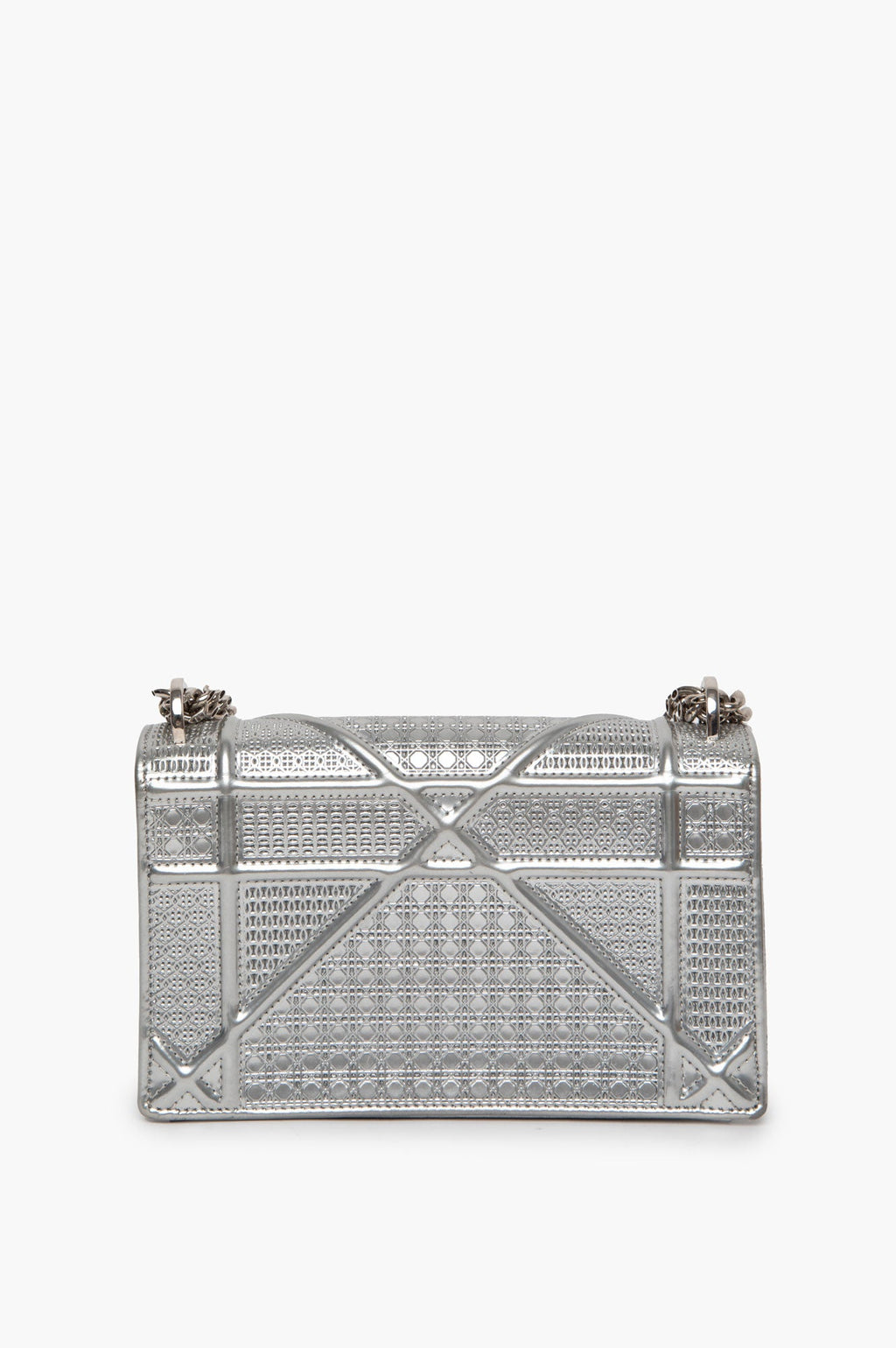 Christian Dior Metallic Patent Micro-Cannage Diorama Wallet on Chain Pouch Silver