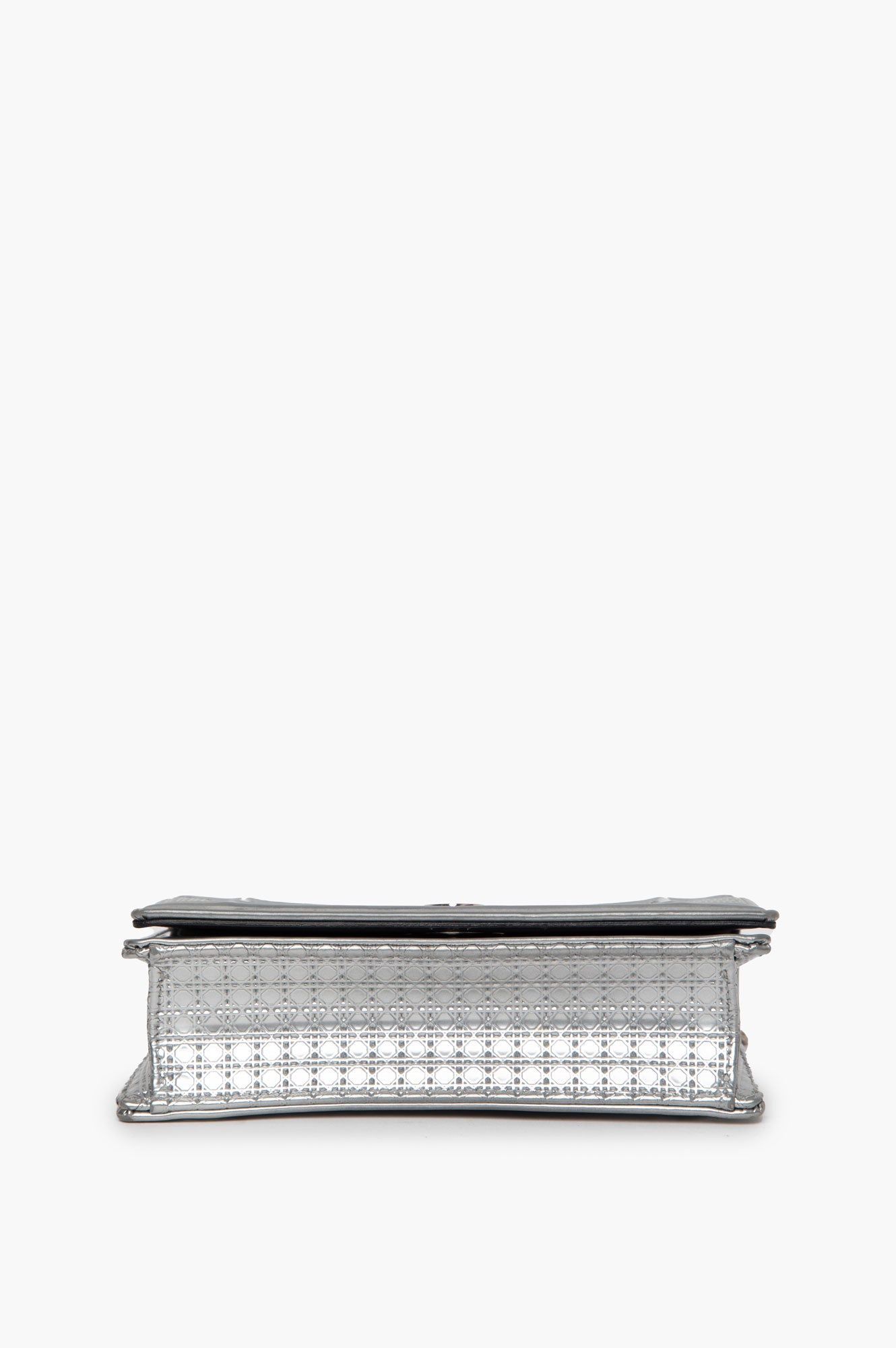 Christian Dior Metallic Patent Micro-Cannage Diorama Wallet on Chain Pouch Silver
